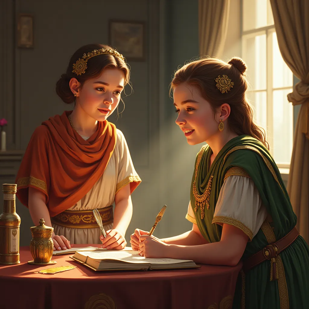 Das Bild zeigt eine fröhliche, kindliche Szene aus dem Alltag eines Patrizierkindes im alten Rom, wie sie im Text beschrieben wird. Im Mittelpunkt stehen zwei römische Mädchen, die gemeinsam an einem runden Tisch sitzen. Die Szene ist hell und freundlich gestaltet, das Sonnenlicht fällt durch ein Fenster ins Zimmer und sorgt für eine warme, einladende Atmosphäre.
Die beiden Mädchen tragen typische römische Kleidung: helle Tuniken mit bunten, goldverzierten Borten und Umhänge, dazu goldene Haarnadeln und Schmuck, wie es für Kinder reicher römischer Familien üblich war. Ihre Haare sind sorgfältig frisiert. Auf dem Tisch liegen Schreibutensilien im römischen Stil – etwa Wachstafeln oder ein großes, aufgeschlagenes Buch, sowie Schreibgriffel. Die Schülerinnen wirken motiviert und konzentriert; das eine Mädchen erklärt dem anderen möglicherweise etwas oder sie schreiben gemeinsam, was auf den Unterricht und das Streben nach Bildung hindeutet, wie auch im Text erwähnt.
Im Hintergrund ist das Zimmer eines reichen römischen Hauses zu erkennen: Schwere Vorhänge rahmen das Fenster, die Wände sind dezent dekoriert. Auf dem Tisch stehen außerdem kleine Gefäße, wie sie für Tinte oder Honig verwendet wurden, sowie eine Flasche – dies könnte auf die tägliche Versorgung und den Haushaltswohlstand hinweisen.
Die freundliche und verspielte Stimmung des Bildes, die warmen Farben und die liebevollen Details sprechen besonders Kinder der 5. Klasse an. Das Bild verzichtet auf Textelemente und legt den Schwerpunkt auf eine Szene des Lernens, die das privilegierte, aber auch verantwortungsvolle Leben im alten Rom glaubhaft und ansprechend widerspiegelt. Die Szene zeigt anschaulich das Streben nach Bildung und das Zusammensein mit Freunden in einer patrizischen Familie.