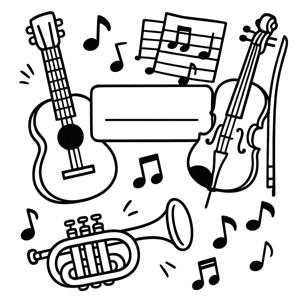 Das gezeigte Bild stellt eine kindgerechte, schwarz-weiße Ausmalvorlage für das Schulfach „Musik“ dar und ist quadratisch angelegt. Im Mittelpunkt befindet sich ein rechteckiges, freies Feld, das großzügig Platz lässt, damit Schülerinnen und Schüler dort später selbst den Namen des Faches und ihren eigenen Namen eintragen können.

Um das zentrale Feld herum sind verschiedene Musikinstrumente im einfachen Comic-Stil dargestellt: Links unten sieht man eine akustische Gitarre, rechts daneben ist eine Geige mit Bogen abgebildet. Unten links ist eine Trompete zu erkennen. Diese Instrumente sind anatomisch korrekt gezeichnet, sodass sie für Kinder einfach erkennbar sind.

Oben, hinter dem leeren Feld, findet man ein aufgeschlagenes Notenblatt mit Notenzeichen darauf. Zusätzlich schweben viele einzelne Noten und musikalische Symbole locker über das gesamte Cover verteilt. Dadurch entsteht eine verspielte, lebendige Atmosphäre, die Kinder zum Ausmalen einlädt.

Alle Elemente sind klar auf das Thema Musik ausgerichtet – es gibt keine Hinweise auf andere Schulfächer. Das Design ist absichtlich schlicht gehalten, um leicht ausgemalt werden zu können, und eignet sich somit ideal für Schülerinnen und Schüler der Grundschule. Das Bild enthält keinerlei Text oder Farben, sondern ist vollständig in Schwarz-Weiß gehalten und folgt dadurch streng allen genannten Vorgaben.