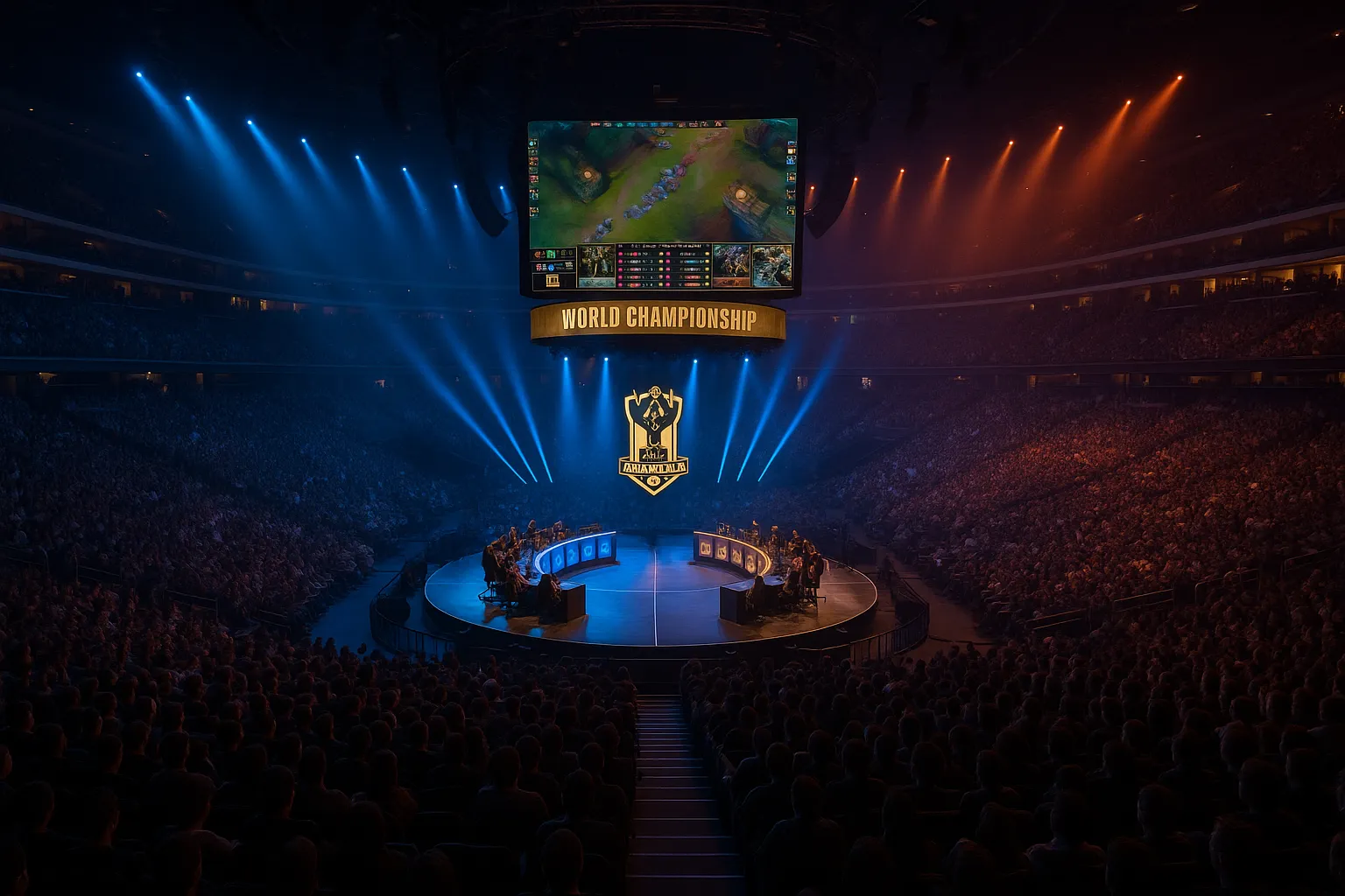 Das Bild zeigt eine große, beeindruckende Veranstaltungsarena, die bis auf den letzten Platz mit begeisterten Zuschauern gefüllt ist. Im Zentrum des Bildes befindet sich eine kreisförmige Bühne, auf der zwei Teams sich gegenüber sitzen, jeder Spieler hinter seinem eigenen Bildschirm – typische Anordnung für ein E-Sport-Turnier. 

Über der Bühne hängt ein riesiger Bildschirm, auf dem ein Livestream des Spiels „League of Legends“ zu sehen ist. Darauf erkennt man die typische Spieloberfläche, Kartenansicht, Charakter-Avatare und Statistiken der laufenden Partie. Unterhalb des Bildschirms prangt in großen goldenen Lettern „WORLD CHAMPIONSHIP", was darauf hinweist, dass es sich um die League of Legends Weltmeisterschaft, auch bekannt als „Worlds“, handelt.

Die Beleuchtung ist eindrucksvoll gestaltet: Von links wird die Szene in bläuliches Licht getaucht, von rechts in warmes Orange, was einen spannenden Kontrast zwischen beiden Hälften der Arena erzeugt. Die Lichtstrahlen sind auf die Bühne und die Spieler gerichtet, wodurch eine dramatische, fast theatralische Atmosphäre entsteht. 

Die Zuschauerränge sind voll besetzt; man erkennt, wie konzentriert und gespannt die Massen dem Geschehen auf der Bühne und den Bildschirmen folgen. Die überwältigende Größe der Halle sowie die professionelle Licht- und Bühnentechnik unterstreichen die Bedeutung und Größe dieses Events. 

Im Vordergrund thront das Logo der Veranstaltung mit der stilisierten Trophäe, welche von League of Legends Fans auf der ganzen Welt wiedererkannt werden kann. Alles in allem vermittelt das Bild die eindrucksvolle und elektrisierende Stimmung eines globalen E-Sport-Highlights, bei dem die besten Teams der Welt um den begehrten Titel spielen.