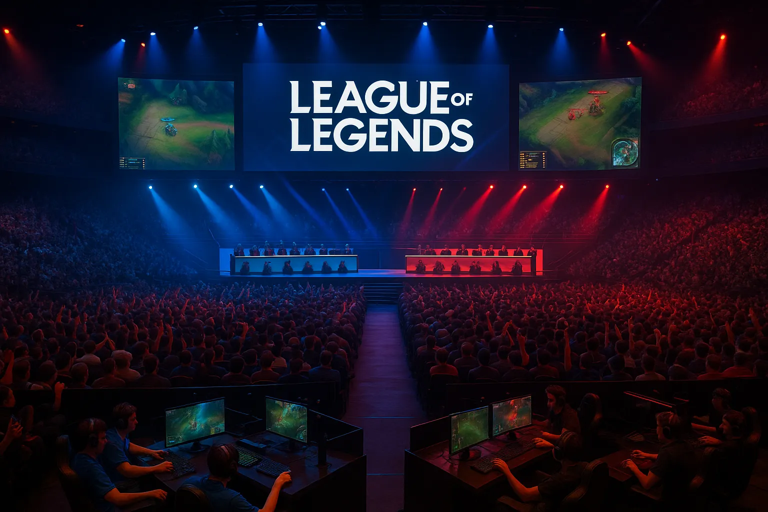 Das Bild zeigt eine beeindruckende Szene eines League of Legends-Turniers in einer riesigen Arena. Im Mittelpunkt steht eine große Bühne, die von zwei Teams besetzt ist – das eine Team ist in blaues Licht getaucht, das andere in rotes Licht, was die klassische Farbaufteilung von League of Legends widerspiegelt. Auf der Bühne sitzen die Spieler nebeneinander an ihren Computern, komplett ausgestattet mit Headsets. 

Über ihnen hängt ein riesiger Bildschirm, auf dem das offizielle League of Legends-Logo in großen Lettern prangt. Links und rechts daneben sind zwei weitere Bildschirme, auf denen Live-Szenen aus dem aktuellen Spiel zu sehen sind. Diese Bildschirme zeigen die Map-Ansicht von League of Legends, sodass das Publikum den Spielverlauf verfolgen kann.

Der Zuschauerraum ist prall gefüllt und erstreckt sich über mehrere Ebenen, was auf die enorme Beliebtheit und das hohe Zuschauerinteresse an solchen E-Sport-Events hinweist. Die Fans wirken gespannt und begeistert, viele von ihnen haben die Arme in die Luft gestreckt – wahrscheinlich feuern sie ihre Lieblingsteams an.

Im Vordergrund sieht man aus der Sicht von hinten noch einzelne Spieler oder Zuschauer an Computern, die ebenfalls das Spiel verfolgen oder mitspielen könnten. Die gesamte Atmosphäre ist von einer Mischung aus dunkler Umgebung und bunten Lichteffekten geprägt, was für Spannung und Dramatik sorgt.

Insgesamt vermittelt das Bild den Eindruck eines professionellen, hochkarätigen E-Sport-Turniers, bei dem Technik, Wettkampfgeist und Fanzusammenhalt im Mittelpunkt stehen.