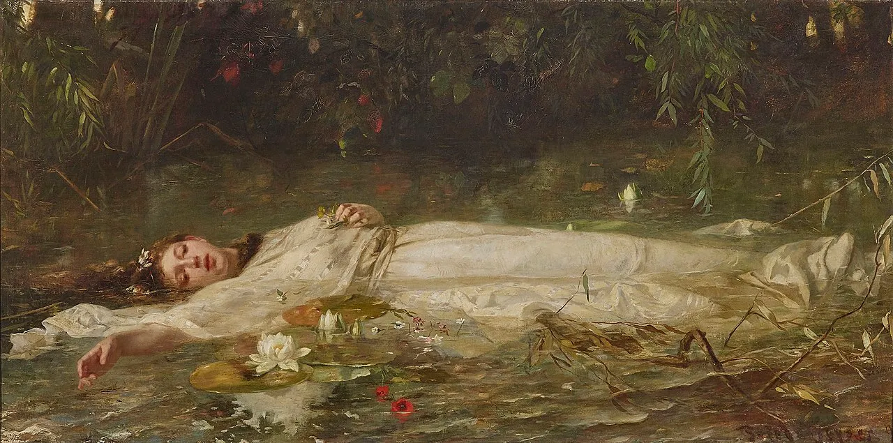 This painting, "Ophelia" by Friedrich Wilhelm Theodor Heyser (um 1900), depicts the tragic and poetic moment from William Shakespeare's "Hamlet" when Ophelia drowns. The scene is rendered in the Jugendstil (Art Nouveau) manner, characterized by attention to natural forms, sensuous lines, and emotional depth.
Ophelia is shown lying on her back, floating passively in the water of a tranquil stream or pond, surrounded by water lilies and aquatic plants. Her white dress fans out, enveloping her figure and echoing the lily pads’ shapes, which enhances the sense of weightlessness and surrender. Her right arm, pale and languid, drapes into the water, while her left lies beside her, gently clutching a small bouquet of flowers. Her head tilts to the side, eyes half-open, lips slightly parted, as if caught in the final moments between consciousness and oblivion.
Her hair, partially submerged and loose, entwines with delicate white blossoms—possibly violets or daisies, both potent symbols in Hamlet’s floral language. The lush, green background is dense with willows and overhanging branches, contributing to the enclosed, intimate, and somewhat claustrophobic mood. The muted, earthy palette of greens and browns contrasts with the pale brightness of Ophelia’s skin and dress, highlighting her fragility and otherworldliness.
Heyser’s composition pays close attention to the interplay of light on water and fabric, capturing subtle reflections and the gentle movement of the water surface. The overall impression is one of melancholic beauty, innocence lost, and the merging of human life with the forces of nature—an interpretation evoking Romantic ideals and the symbolist aesthetics characteristic of the Jugendstil era. The viewer is compelled to contemplate the tragic fate of Ophelia, suspended in a moment of both peace and sorrow.