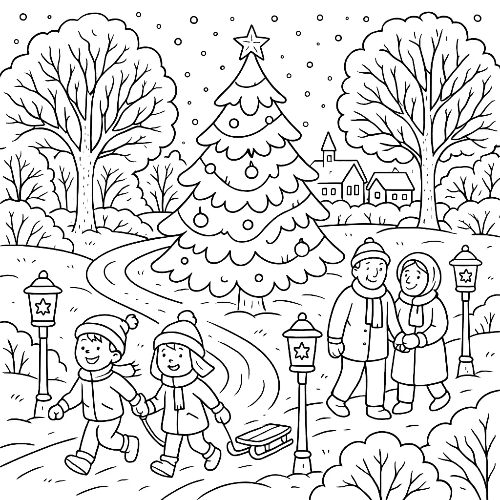 Das Bild zeigt eine atmosphärische winterliche Szene als Ausmalbild, die besonders für Kinder gestaltet ist. Im Vordergrund führt ein schmaler, verschlungener Weg durch einen verschneiten Park. Der Weg wird von regelmäßig aufgestellten Laternen gesäumt, jede Laterne ist mit einem Stern verziert. Zwei fröhlich lachende Kinder, warm angezogen mit Mützen und Schals, ziehen einen Schlitten hinter sich her und scheinen ausgelassen zu spielen.
Parallel dazu spaziert ein älteres Paar, Hand in Hand, in warmen Wintermänteln und Schals. Sie strahlen Gelassenheit und Zweisamkeit aus, während sie den friedlichen Wintertag gemeinsam genießen.
Im Zentrum des Bildes steht ein großer, majestätischer Tannenbaum. Dieser Baum ist mit einfachen Christbaumkugeln und einem glänzenden Stern an der Spitze geschmückt – ein klarer Blickfang und Symbol der festlichen Jahreszeit. Die umliegenden Bäume sind üppig mit Schnee bedeckt; ihre Äste bilden filigrane Muster und lassen die Schneelandschaft besonders stimmungsvoll wirken.
Im Hintergrund erkennt man die Silhouette eines kleinen Dorfes: Die markanten Konturen der Häuser, Dächer und Fenster sind klar zu erkennen, teilweise mit angedeutetem Schnee auf den Dächern. Der Himmel ist von kleinen, leicht fallenden Schneeflocken durchzogen, die wie winzige Sterne wirken und die märchenhafte, ruhige Atmosphäre des Bildes unterstreichen.
Das gesamte Bild ist mit klaren, einfachen Linien gezeichnet, sodass es perfekt zum Ausmalen geeignet ist. Die Szene vermittelt zugleich Freude, Geborgenheit und die festliche Stimmung eines winterlichen Spaziergangs.