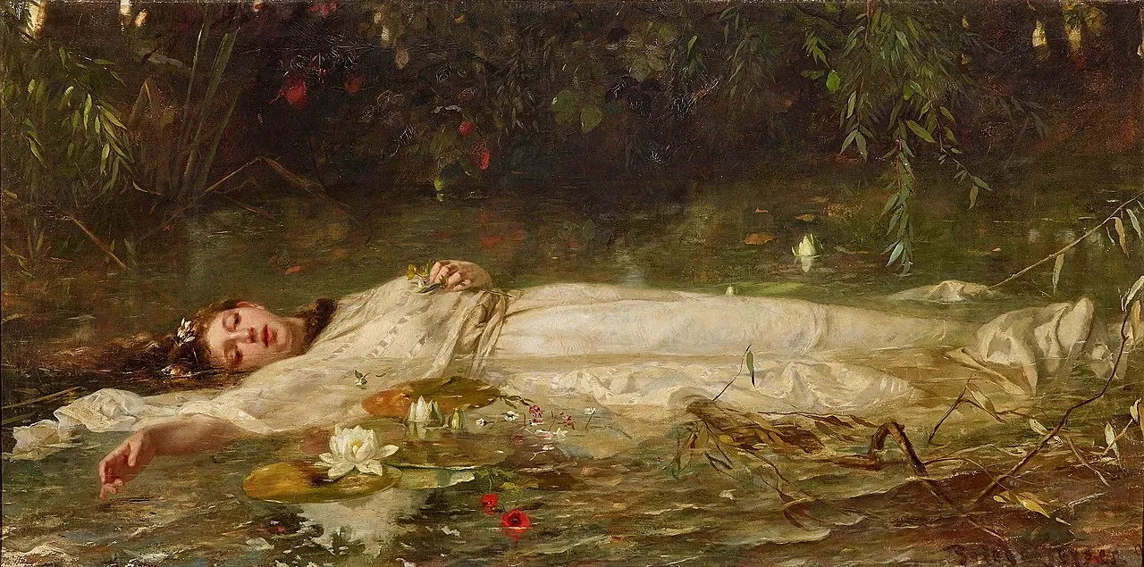 {
"title": "Ophelia",
"src": "/cors?imageUrl=https%3A%2F%2Fupload.wikimedia.org%2Fwikipedia%2Fcommons%2F9%2F9c%2FFriedrich_Wilhelm_Theodor_Heyser_-_Ophelia.jpg",
"caption": "Friedrich Wilhelm Theodor Heyser's painting 'Ophelia', depicting the tragic Shakespearean character floating in water."
}