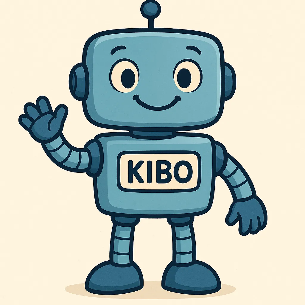 Hier ist eine möglichst genaue Beschreibung des Roboters aus dem Bild:

Der Roboter namens KIBO ist in einem freundlichen Comic-Stil gestaltet, der besonders für Grundschulkinder ansprechend ist. Er hat einen kleinen, kompakten Körperbau und wirkt sehr sympathisch und einladend. 

Die dominierende Farbe des Roboters ist ein helles Blau, ergänzt durch dunklere blaue Akzente an den Rändern und Gelenken. Das gesamte Design ist abgerundet und weich, ohne scharfe Kanten oder bedrohliche Elemente, sodass der Roboter sehr kindgerecht wirkt.

Sein Kopf ist groß und quadratisch mit abgerundeten Ecken. Darauf befindet sich eine kleine Antenne mit einer Kugel an der Spitze – ein klassisches Merkmal vieler Comic-Roboter. Das Gesicht ist sehr freundlich gestaltet: KIBO hat große, runde, schwarze Augen mit hellem Rand und einen kleinen, gebogenen Mund, der zu einem fröhlichen Lächeln geformt ist. Über den Augen befinden sich angedeutete, freundliche Augenbrauen.

Sein Körper ist rechteckig und ebenfalls abgerundet. In der Mitte der Brust befindet sich ein deutlich sichtbares Namensschild mit der Aufschrift „KIBO“. An der Seite sind die Arme mit einfachen, runden Gelenken befestigt. Die Arme und Beine bestehen aus mehreren Segmenten, die durch feine Linien voneinander getrennt sind, was an Roboter-Schläuche erinnert. Die Hände haben eine einfache, klare Form mit abgegrenzten Fingern, und an einer Hand hebt KIBO freundlich die Hand zum Gruß.

Die Beine sind kurz und etwas breiter, so dass KIBO einen stabilen Stand hat. Die Füße sind rund und groß, was ihm zusätzlich ein knuffiges Aussehen verleiht.

Insgesamt wirkt KIBO sehr sympathisch und einladend – ideal, um Vertrauen bei Kindern zu wecken. Das sanfte Farbschema und das fröhliche Gesicht machen ihn zu einer positiven, kindgerechten Figur.