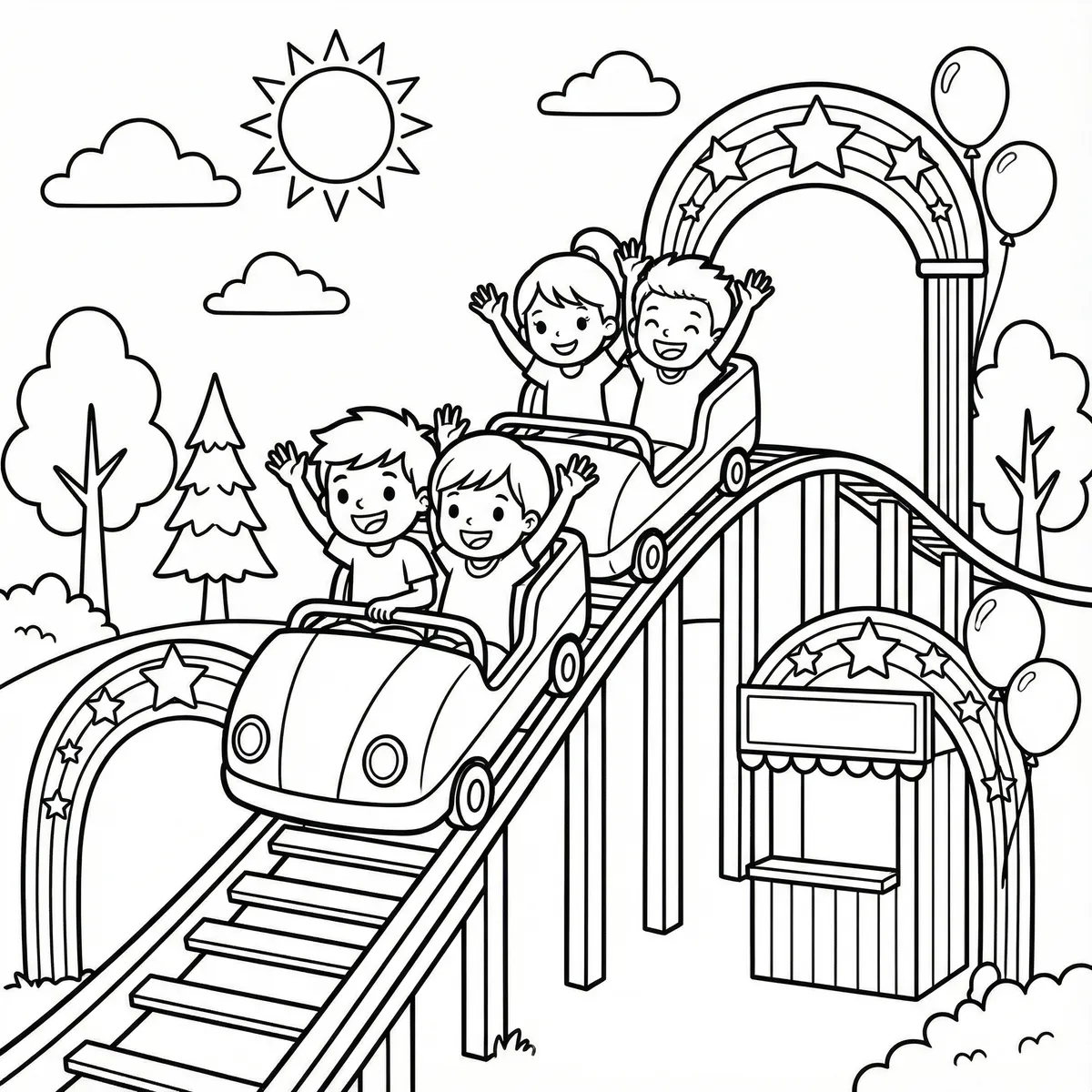 Das Ausmalbild zeigt eine fröhliche Achterbahnfahrt in einem Freizeitpark, gestaltet im einfachen, kinderfreundlichen Comic-Stil ohne Farben und ausschließlich in Schwarz-Weiß.
Im Vordergrund sieht man eine Achterbahnschiene, die sich in Wellenform durch das Bild schlängelt. Auf der Schiene fahren zwei Achterbahnwagen, in denen insgesamt vier lachende Kinder sitzen. Die Kinder heben alle die Hände in die Luft und schauen begeistert und fröhlich. Die Gesichter sind freundlich und cartoonhaft gezeichnet, die Proportionen der Körper und Köpfe sind anatomisch korrekt für Kinder im Comic-Stil.
Rund um die Achterbahn findet man thematisch passende Dekorationen: Zwei große Bögen mit Sternen und Streifen schmücken die Ein- und Ausfahrt der Achterbahn. Rechts neben der Schiene sind einige Luftballons zu sehen, die an einem Stand oder Kiosk befestigt sind. Auch dieser Kiosk ist mit Sternen dekoriert und passt zum Jahrmarkt-Thema.
Im Hintergrund findet man weitere kindgerechte Details: Vereinfachte Bäume – sowohl Laubbäume als auch ein Tannenbaum – stehen auf einer Wiese. Darüber hinaus sind am Himmel eine große Sonne und einige lockere Wolken eingezeichnet, wodurch das Bild einen freundlichen und einladenden Eindruck macht.
Das Bild enthält keinen Text, keine Unterschrift und hat einen weißen Hintergrund, sodass Kinder es leicht ausmalen können. Die Linien sind klar und dick, sodass sie sich besonders gut zum Ausmalen eignen und die Konturen nicht aus Versehen überschritten werden. Die gesamte Szene ist übersichtlich, freundlich und vermittelt Freude am Achterbahnfahren.