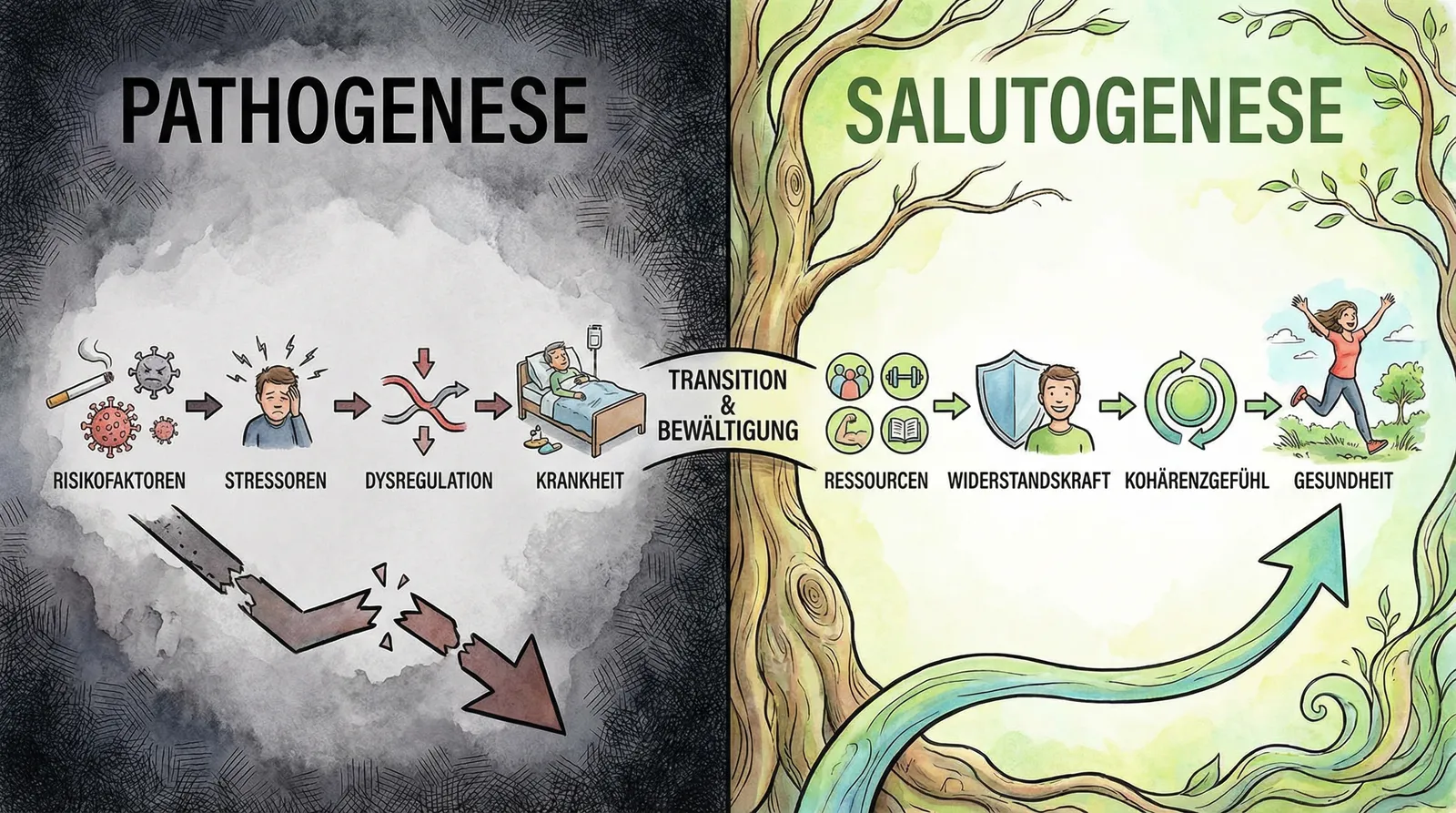 Das Bild zeigt den Vergleich zwischen Pathogenese und Salutogenese, zwei zentrale Konzepte der Medizin und Gesundheitswissenschaften.

**Linke Seite: Pathogenese**
- Die Darstellung ist in dunklen Farben gehalten und wirkt bedrückend.
- Der Begriff „PATHOGENESE“ steht groß und deutlich über dem linken Abschnitt.
- Der Weg der Pathogenese wird mit einer Reihe von Symbolen illustriert:
  1. **Risikofaktoren:** Eine Zigarette, ein Virus/Bakterium und Hamburger symbolisieren Risikofaktoren, die krank machen können.
  2. **Stressoren:** Ein Mensch fasst sich verzweifelt an den Kopf und zeigt die Reaktion auf Stressoren.
  3. **Dysregulation:** Pfeile weisen auf eine Entgleisung im Körper hin (dargestellt durch unkoordiniertes Pfeilgewirr).
  4. **Krankheit:** Ein Patient liegt im Krankenhausbett.
- Der gesamte Verlauf zeigt die Entwicklung von krankmachenden Einflüssen bis hin zur Krankheit, unterstrichen durch die nach unten verlaufenden, gebrochenen Pfeile, die Verschlechterung und eine negative Dynamik symbolisieren.

**Rechte Seite: Salutogenese**
- Im Gegensatz dazu ist die rechte Seite hell und freundlich gestaltet, mit vielen grünen Tönen, die für Wachstum und Gesundheit stehen.
- „SALUTOGENESE“ steht groß und deutlich im grünen Bereich über dem rechten Abschnitt.
- Der salutogenetische Weg wird durch positive Symbole dargestellt:
  1. **Ressourcen:** Symbole wie Gemeinschaft, Fitness, Wissen/Lesen stehen für die verfügbaren Ressourcen.
  2. **Widerstandskraft:** Ein Schild und ein lächelnder Mensch symbolisieren Resilienz und die Fähigkeit, Widerständen zu trotzen.
  3. **Kohärenzgefühl:** Ein Kreis aus Pfeilen deutet auf den dynamischen Umgang mit Herausforderungen hin (Sinnhaftigkeit, Verstehbarkeit, Handhabbarkeit).
  4. **Gesundheit:** Eine fröhliche, springende Frau steht für Gesundheit und Lebensfreude.
- Der Weg verläuft nach oben und nimmt die Form eines gesunden, kräftigen wachsenden Baumes an, was auf Aufschwung und Entwicklung hindeutet.

**Mittelteil:**
- In der Mitte steht „Transition & Bewältigung“ als Brücke zwischen den Konzepten.
- Diese Brücke betont, dass eine Bewältigung der Risikofaktoren möglich ist, indem Ressourcen und Widerstandskraft gestärkt werden.

**Zusammenfassung:**
Das Bild vermittelt anschaulich, dass Pathogenese den Fokus auf die Entstehung von Krankheit durch schädliche Einflüsse legt, während Salutogenese die Förderung von Gesundheit durch Stärkung von Ressourcen und Resilienz betont. Beide Begriffe sind im Bild klar ausgeschrieben und ihre Bedeutungen durch die verwendeten Symbole und Farben verständlich dargestellt.