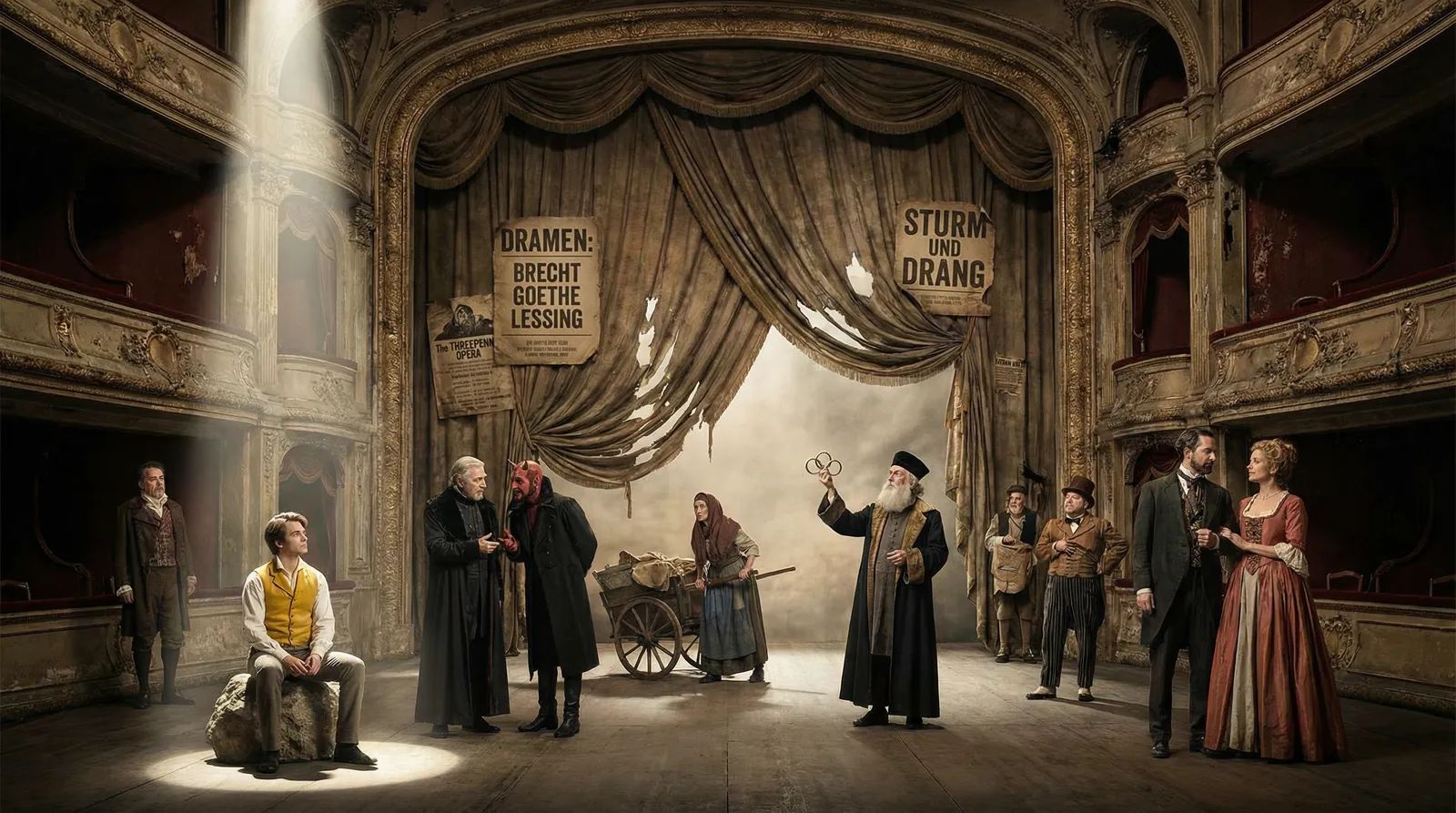 Das Bild zeigt eine dramatische Szene in einem alten, prunkvollen Theater mit mehreren Rängen, die von rotem Samt und vergoldeter Ornamentik geprägt sind. Das Bühnenbild dominiert im Zentrum, wobei der schwere, teils zerrissene Vorhang halb geöffnet ist. Zwei große Schilder an den Vorhängen tragen die Aufschriften „DRAMEN: BRECHT GOETHE LESSING“ und „STURM UND DRANG“, was auf die berühmten deutschen Dramatiker und die literarische Epoche hinweist.

Im Vordergrund agieren zahlreiche Figuren in historischen Kostümen, die typische Rollen aus klassischen Dramen repräsentieren könnten:
- Links sitzt ein junger Mann im Mittelpunkt eines Lichtstrahls auf einem Stein, was ihn sichtlich hervorhebt und auf einen Protagonisten weist.
- Daneben stehen zwei ältere Herren im Gespräch, einer davon scheinbar als Geistlicher gekleidet, der andere in dunklem Mantel mit Teufelshörnern—möglicherweise eine Anspielung auf Faust und Mephisto aus Goethes „Faust“.
- Eine Frau in schlichter Kleidung und Kopftuch zieht einen Handwagen, wohl Sinnbild für das einfache Volk, das oft in sozialkritischen Dramen wie denen von Brecht thematisiert wird.
- Rechts steht ein älterer Mann mit jüdischer Kopfbedeckung, der eine Waage oder Ringe in der Hand hält, was eine Referenz an Lessings „Nathan der Weise“ sein könnte.
- Rechts neben ihm stehen mehrere Figuren in aufwendigen Rokoko-Kostümen, die in ein Gespräch vertieft sind, was für höfische Intrigen oder Liebesgeschichten, typische Motive des Sturm und Drang und der Klassik, sprechen könnte.
- Im Hintergrund sieht man weitere Nebenfiguren, die die Szene abrunden: Musiker, Bürger, eventuell ein Komödiant oder eine Dienerfigur.

Das Theater wirkt alt, abgenutzt und atmosphärisch, was die Dramatik und Geschichtsträchtigkeit der dargestellten Stücke unterstreicht. Die Lichtführung – besonders der einzelne Strahl auf den Mann links – erzeugt eine besondere Bühnenwirkung und lenkt den Blick gezielt auf zentrale Figuren.

Insgesamt fängt das Bild auf eindrucksvolle Weise die Welt des deutschsprachigen Dramas ein, insbesondere der Werke und Epochen von Brecht, Goethe und Lessing, und verbindet klassische und gesellschaftskritische Motive auf einer dramatischen Theaterbühne.
