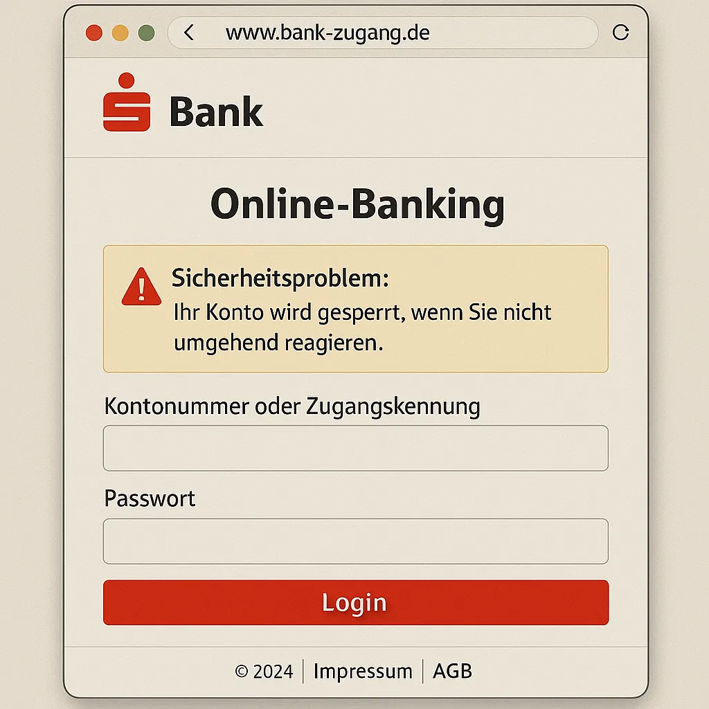 Das Bild zeigt eine täuschend echt wirkende Online-Banking-Login-Seite. Oben sieht man die Internetadresse „www.bank-zugang.de“, die sich auf den ersten Blick professionell liest, aber tatsächlich einen subtilen Unterschied zu bekannten offiziellen Bank-URLs aufweist. Links oben ist das bekannte rote Logo abgebildet, gefolgt von der einfachen Bezeichnung „Bank“. 

Zentral auf der Seite steht hervorgehoben „Online-Banking“. Direkt darunter befindet sich ein gelb hinterlegtes Warnfeld mit einem roten Ausrufezeichen-Symbol. Die Warnmeldung lautet: „Sicherheitsproblem: Ihr Konto wird gesperrt, wenn Sie nicht umgehend reagieren.“ Dies suggeriert Dringlichkeit und übt Druck auf den Benutzer aus.

Darunter sind zwei Eingabefelder platziert, einmal für „Kontonummer oder Zugangskennung“ und einmal für das „Passwort“. Der große rote „Login“-Button darunter fordert zur direkten Eingabe auf.

Ganz unten stehen Hinweise wie „© 2024 | Impressum | AGB“, wobei die Links vermutlich nicht funktional sind oder auf zweifelhafte Inhalte führen könnten.

Drei Hinweise auf Betrug:
1. Die URL enthält den Zusatz „-zugang“, was auf eine Fälschung hindeutet.
2. Die auffällige Sicherheitswarnung mit Androhung einer Kontosperrung ist untypisch für authentische Bankportale.
3. Die rechtlichen Hinweise und Links am Seitenende sind wahrscheinlich nicht anklickbar oder führen auf Fake-Seiten.

Das Gesamtbild entspricht typisch einer Phishing-Seite, die auf den ersten Blick seriös erscheint, aber subtile Unterschiede und Druckausübung nutzt, um Nutzer zur Eingabe sensibler Daten zu verleiten.