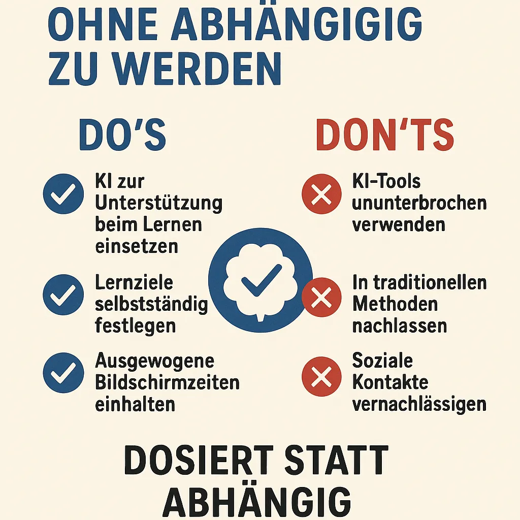 Das Poster trägt den Titel „OHNE ABHÄNGIG ZU WERDEN“ und thematisiert den gesunden Umgang mit Künstlicher Intelligenz (KI) beim Lernen. Es ist klar und farblich gegliedert, um die wichtigsten Tipps übersichtlich zu präsentieren.

Im oberen Bereich steht die zentrale Überschrift. Darunter befinden sich zwei Spalten: eine für die „DO’S“ (Was ist sinnvoll?) und eine für die „DON’TS“ (Was sollte man vermeiden?). 

**DO’S:**

1. „KI zur Unterstützung beim Lernen einsetzen“ – KI soll als Hilfsmittel und nicht als Ersatz genutzt werden.
2. „Lernziele selbstständig festlegen“ – Die eigene Zielsetzung bleibt wichtig, um selbstständig zu bleiben.
3. „Ausgewogene Bildschirmzeiten einhalten“ – Ein gesunder Rhythmus zwischen On- und Offline-Aktivitäten ist entscheidend.

Jede dieser Regeln wird mit einem blauen Häkchen-Symbol hervorgehoben.

**DON’TS:**

1. „KI-Tools ununterbrochen verwenden“ – Ständiger Gebrauch kann zur Abhängigkeit führen.
2. „In traditionellen Methoden nachlassen“ – Altbewährte Lerntechniken sollten nicht vernachlässigt werden.
3. „Soziale Kontakte vernachlässigen“ – Zwischenmenschliche Beziehungen und Zeit mit Freunden bleiben wichtig.

Diese Warnpunkte sind jeweils mit einem roten Kreuz-Symbol versehen.

**Symbol / Logo:**
In der Mitte des Plakats ist ein rundes, blaues Symbol mit einem weißen Checkzeichen darin abgebildet. Es symbolisiert eine gesunde, ausgewogene KI-Nutzung.

**Merkspruch / Slogan:**
Am unteren Rand steht groß und fett: „DOSIERT STATT ABHÄNGIG“. Das fasst die Grundmessage des Posters einprägsam zusammen – KI soll dosiert eingesetzt werden, um nicht in eine Abhängigkeit zu geraten.

Das Poster ist schlicht, klar strukturiert, farblich zwischen Blau (positiv, Do’s) und Rot (Warnung, Don’ts) gestaltet und unterstützt so die Orientierung. Zielgruppe sind Schülerinnen und Schüler, um ihnen Chancen und Risiken der KI-Nutzung beim Lernen bewusst zu machen.