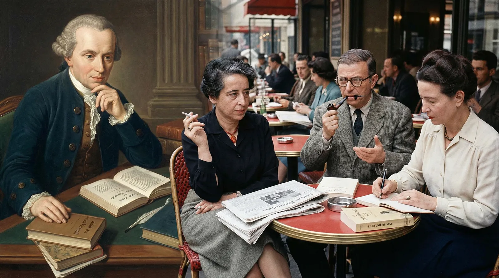Auf dem Bild sieht man vier berühmte Philosoph:innen, die scheinbar gemeinsam in einer Szene dargestellt sind, obwohl sie historisch und räumlich nicht in derselben Zeit zu Hause waren. Das Bild kombiniert unterschiedliche Stile: Links befindet sich ein klassisches Portrait von Immanuel Kant, der im 18. Jahrhundert wirkte. Er sitzt an einem Schreibtisch, auf dem mehrere Bücher liegen, eines ist offen vor ihm aufgeschlagen – möglicherweise seine „Kritik der reinen Vernunft“. Kants Haltung ist nachdenklich, der Zeigefinger an die Wange gelegt, typisch für nachdenkliche Posen klassischer Gemälde.
Rechts davon sieht man eine lebendige, farbige Szenerie, die wie eine Cafészene im Paris der 1950er Jahre wirkt. Hier sitzen Hannah Arendt, Jean-Paul Sartre und Simone de Beauvoir an einem runden Tisch auf einer typischen Bistroterrasse. Sie diskutieren offenbar angeregt: Arendt hält eine Zigarette in der Hand, Sartre eine Pfeife, sein Blick und seine Handbewegung zeigen intensive Argumentation. De Beauvoir macht sich Notizen, vor ihr liegt ihr berühmtes Buch „Le Deuxième Sexe“ („Das andere Geschlecht“). Auf dem Tisch liegen auch Zeitungen, was auf Aktualität und politisch-philosophische Debatten verweist.
Auffällig ist der Kontrast zwischen dem gemalten, fast statischen Kant und der lebhaften, modernen Cafészene der anderen drei. Kant scheint aus einer anderen Zeit zu blicken, während Arendt, Sartre und de Beauvoir das pulsierende Leben und die intellektuelle Atmosphäre des 20. Jahrhunderts verkörpern. Das Bild verdeutlicht damit auch einen historischen und stilistischen Brückenschlag zwischen der Aufklärung und der Moderne, zwischen Vernunft und Existenzialismus.
Zusammengefasst:
Das Bild verbindet vier der bedeutendsten Philosoph:innen auf kunstvolle Weise und spielt mit Zeit, Raum und Stil, um die Weiterentwicklung philosophischer Diskurse sichtbar zu machen. Kant steht für Rationalität, Pflicht und Ethik der Aufklärung, Arendt für politische Theorie, Sartre und de Beauvoir für Existenzialismus und Feminismus. Die Szene lädt symbolisch zu einem generationsübergreifenden Dialog ein.