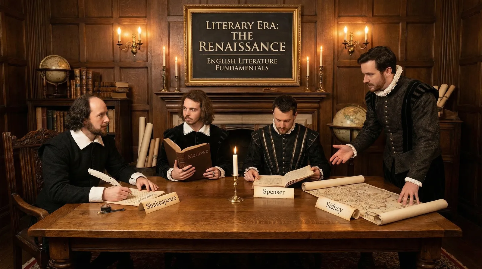 Dieses Bild zeigt eine inszenierte Szene, die vier bedeutende Autoren der englischen Renaissance-Literatur repräsentiert: William Shakespeare, Christopher Marlowe, Edmund Spenser und Sir Philip Sidney. 

**Beschreibung im Detail:**
- **Hintergrund:** Der Raum ist luxuriös und holzvertäfelt gestaltet, passend zur Epoche der Renaissance. Ein Bücherregal gefüllt mit alten Büchern, Globen und Kerzen verleihen der Szene eine akademische und historische Atmosphäre.
- **Zentral im Hintergrund** hängt ein Schild („Literary Era: The Renaissance – English Literature Fundamentals“), das den Rahmen und den literaturgeschichtlichen Kontext der Szene deutlich macht.
- **Im Vordergrund** sitzen und stehen vier Männer, stilvoll gekleidet in typische Renaissance-Kleidung mit Rüschenkragen und Brokatstoffen.
- **Jeder Autor ist mit einem Namensschild versehen**: Shakespeare (links) schreibt mit einer Feder und Tinte; Marlowe (zweiter von links) hält ein großes Buch mit seinem Namen auf dem Umschlag; Spenser (dritter von links) liest konzentriert ein Buch; Sidney (rechts) steht und gestikuliert, während er eine alte Landkarte betrachtet.
- **Kerzen auf dem Tisch und an der Wand** sorgen für eine warme, historische Beleuchtung, die an Gelehrtenstuben der Renaissance erinnert.
- **Auf dem Tisch** liegen Schriftrollen und Bücher, die auf das literarische und wissenschaftliche Schaffen dieser Epoche verweisen.

**Bedeutung:**
Das Bild illustriert nicht nur das typische Ambiente eines Gelehrtenkreises der Renaissance, sondern bringt auch die individuelle Rolle der Autoren zum Ausdruck: Shakespeare als produktiver Dramatiker, Marlowe als tiefgründiger Dichter, Spenser als epischer Erzähler und Sidney als Humanist und Denker. Die Szene spiegelt die intellektuelle Blütezeit der englischen Renaissance wider, die durch Kreativität, Literatur und neue Ideen geprägt war.
