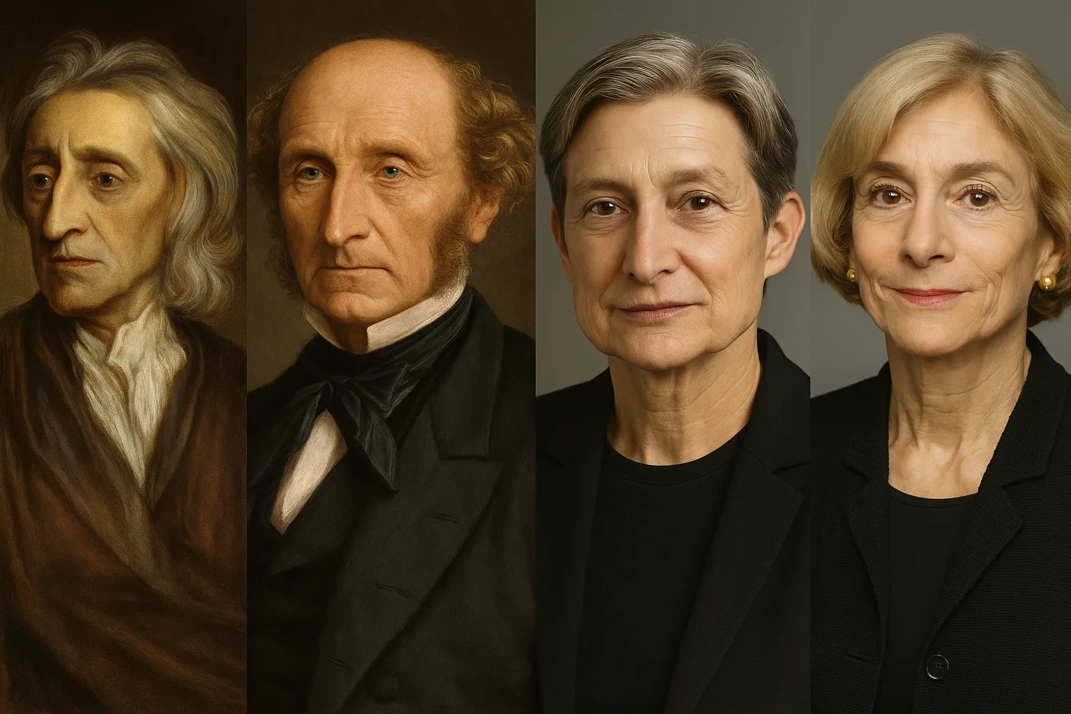 Auf diesem Bild sind vier bedeutende Philosoph:innen nebeneinander dargestellt. Von links nach rechts sieht man:

1. **John Locke** – Ein Porträt im klassischen Stil, vermutlich aus dem 17. Jahrhundert. Locke hat graues, schulterlanges Haar, einen ernsten Gesichtsausdruck und trägt eine Schlichtheit, die auf seine Zeit und seine Philosophie der Aufklärung hinweist. Locke ist bekannt als Begründer des Liberalismus und für seine Theorien zu Eigentum, Freiheit und politischer Legitimation.

2. **John Stuart Mill** – Auch in einem traditionellen Stil gemalt, passend zum 19. Jahrhundert. Mill ist älter dargestellt, mit Stirnglatze und buschigen Koteletten. Er trägt einen dunklen Anzug mit Schleife und Hemdkragen. Mill steht für Utilitarismus, Liberalismus und Frauenrechte.

3. **Judith Butler** – Modern fotografiert, eindeutig eine Gegenwartsaufnahme. Butler hat kurzes graues Haar und trägt moderne, eher schlichte Business-Kleidung in Schwarz. Ihr Gesichtsausdruck wirkt ernst und intellektuell offen. Butler ist bekannt für ihre Beiträge zur Gender-Theorie und zur politischen Philosophie.

4. **Martha Nussbaum** – Ebenfalls in moderner Fotografie abgebildet, mit kurzem, blondem Haar, Perlenohrringen und eleganter schwarzer Kleidung. Ihr Ausdruck ist freundlich und bestimmt. Nussbaum steht für ethische, politische und feministische Philosophie und ist besonders für ihre Theorie der Fähigkeiten (Capability Approach) bekannt.

Das Bild vereint verschiedene Epochen und Stile: Die zwei linken Porträts wirken malerisch und historisch, während die zwei rechten Porträts modern und fotografisch gehalten sind. Dadurch wird die zeitliche Spanne und der philosophische Fortschritt von der Aufklärung bis zur heutigen Zeit visuell betont. Die Anordnung nebeneinander suggeriert eine Verbindung ihrer Gedanken und lebendige Diskussion zwischen den Generationen.