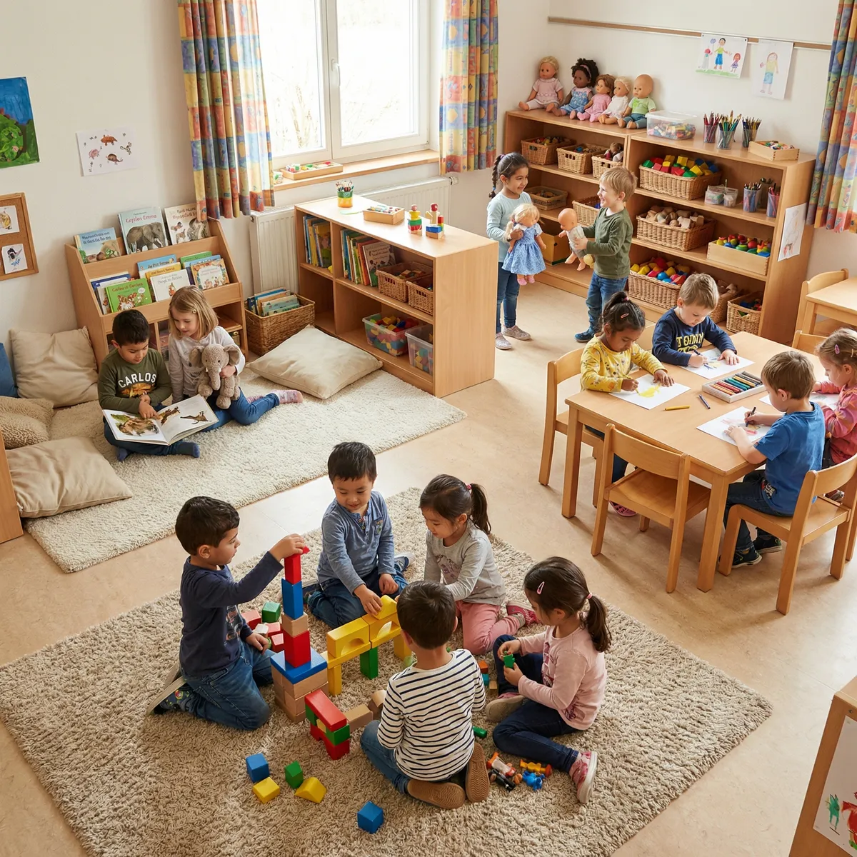 Dieses Bild zeigt einen hellen und freundlichen Kindergartenraum in einer leicht erhöhten Beobachterperspektive. Das natürliche, warme Licht fällt durch ein großes Fenster mit bunten Vorhängen, wodurch der Raum sanft ausgeleuchtet wird. Die Gesamtatmosphäre ist ruhig, alltäglich und authentisch, ohne jede Überzeichnung.

Links im Bild befindet sich die gemütliche Leseecke mit weichen Kissen und niedrigen Bücherregalen, randvoll mit Bilderbüchern. Zwei Kinder sitzen dort: Ein Junge blättert konzentriert in einem Tierbuch, während ein Mädchen mit einem Stofftier aufmerksam neben ihm sitzt. Ihre Körperhaltung ist entspannt; das Mädchen beobachtet neugierig und drückt ihr Stofftier fest an sich, während der Junge auf eine Buchseite zeigt – es scheint ein leiser Dialog zwischen ihnen zu entstehen, der jedoch nonverbal bleibt. Umgeben von Kissen spiegelt die Ecke Geborgenheit und Ruhe wider.

Im Vordergrund, auf einem großen, flauschigen Teppich in Raummitte, sind fünf Kinder mit Bauklötzen beschäftigt. Sie knien und sitzen in verschiedenen Positionen, teils eng nebeneinander, teils mit etwas Abstand. Ein Junge stapelt vorsichtig bunte Klötze – sein Gesichtsausdruck ist stolz und konzentriert –, während ein weiteres Kind daneben eine gelbe Reihe legt, um eine Brücke darzustellen. Ein Mädchen fügt detailverliebt kleine Spielfiguren hinzu, die mit in die „Stadt“ integriert werden. Die Kinder ringsum schauen auf das entstehende Bauwerk oder greifen spielerisch nach weiteren Klötzen. Manche bringen eigene Ideen ein, wodurch eine rege, aber stille Zusammenarbeit sichtbar wird. Die Mimik reicht von fokussiert bis neugierig – die nonverbale Kommunikation zeigt ein gemeinsames Tun, aber auch individuelle Konzentration.

Rechts im Bild sind zwei Holztische mit jeweils vier Stühlen zu sehen. An einem Tisch malen vier Kinder; die Blätter liegen verstreut auf der Tischplatte, verschiedene Stifte und Malutensilien sind in Griffweite. Ein Mädchen malt eine strahlend gelbe Sonne, daneben ist ein Junge vertieft dabei, eine Rakete mit vielen Fenstern zu zeichnen. Die beiden anderen Kinder beugen sich über ihre Blätter und tauschen gelegentlich Blicke und Stifte. Die Körperhaltungen sind unterschiedlich: Manche Kinder lehnen sich weit vor, andere sitzen aufrecht oder sind leicht zum Nachbarn gewandt. Die Gesichtsausdrücke reichen von konzentriert bis nachdenklich; ein leises, gemeinsames Schaffen wird deutlich.

Ganz im rechten Bereich stehen zwei Kinder am Regal mit Puppen und Bauklötzen. Ein Mädchen hält eine Puppe mit blauem Kleid und betrachtet sie genau; ihr Nachbar lässt seine Puppe tanzen und beide lachen ein wenig, ihre Augen blitzen im Spiel. In den Regalfächern sieht man neben Puppen auch weitere Materialien wie Kisten mit Klötzen, Becher mit Stiften und kleine Körbe, was den authentischen Eindruck des Kindergartenraumes stärkt.

Zahlreiche kleine Details sind zu entdecken: kunstvolle Kinderzeichnungen an der Wand, gebastelte Dekorationen und zusätzliche Spielsachen im Regal. Durch das offene Fenster lässt sich die Anwesenheit von Leben außerhalb des Raumes (z.B. Vogelgezwitscher) mitdenken – eine leichte Verbindung nach draußen.

Keine Erzieherin ist im Bild auszumachen, sodass alle Szenen ausschließlich von Kindern gestaltet und getragen werden. Die Kinder verteilen sich organisch im Raum, es entstehen sowohl zentrale als auch randständige, aber dennoch bedeutsame Interaktionen. Insgesamt wirkt die Szene wie ein eingefangener, unbeobachteter Alltagsmoment, in dem vielfältige parallel stattfindende Aktivitäten sichtbar werden, ohne dass eines davon in den Vordergrund rückt oder interpretiert wird. Die Darstellung ist angenehm zurückhaltend, voller subtiler Dynamik und lädt gezielt zu differenzierten, offenen Beobachtungen ein.