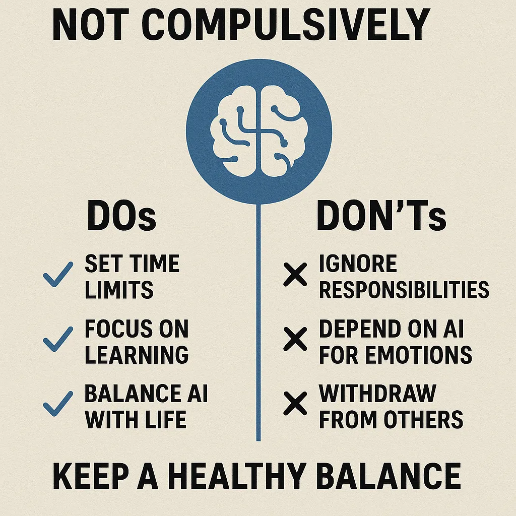 Das Bild zeigt ein klar strukturiertes Mini-Poster mit dem Thema gesunder Umgang mit künstlicher Intelligenz (KI). Im Zentrum des Posters befindet sich ein einfaches, blaues Symbol eines Gehirns mit abstrakten Verbindungslinien. Dieses Symbol steht für „gesunde KI-Nutzung“ und signalisiert einen ausgewogenen, bewussten Umgang mit Technologie.
Oben ist in großen, schwarzen Buchstaben der prägnante Hinweis „NOT COMPULSIVELY“ (Nicht zwanghaft) geschrieben. Darunter teilt sich das Poster in zwei Spalten:
Linke Spalte (DOs – Das ist sinnvoll):
- "SET TIME LIMITS" – Begrenze deine Nutzungszeit: Ein Häkchen symbolisiert positives Verhalten.
- "FOCUS ON LEARNING" – Nutze KI, um Neues zu lernen: Weitere Empfehlung durch ein Häkchen gekennzeichnet.
- "BALANCE AI WITH LIFE" – Halte Balance zwischen KI und Alltag: Auch hier ein Häkchen.
Rechte Spalte (DON‘Ts – Das sollte vermieden werden):
- "IGNORE RESPONSIBILITIES" – Vernachlässige keine Pflichten: Ein „X“ markiert dies als Warnung.
- "DEPEND ON AI FOR EMOTIONS" – Werde emotional nicht abhängig: Auch hier ein „X.“
- "WITHDRAW FROM OTHERS" – Zieh dich nicht sozial zurück: Ebenfalls mit einem „X“ hervorgehoben.
Ganz unten steht in Großbuchstaben der Slogan des Posters: „KEEP A HEALTHY BALANCE“ – Halte ein gesundes Gleichgewicht. Diese Motto ist prägnant und leicht zu merken.
Das Poster ist übersichtlich gestaltet, nutzt klare Symbole und Stichpunkte, sodass auch Schülerinnen und Schüler sofort erkennen können: KI ist hilfreich, aber nur mit bewusster und kontrollierter Nutzung. Die Chancen (wie Lernen und Produktivität) stehen den Risiken (wie sozialem Rückzug oder Vernachlässigung von Aufgaben) verständlich gegenüber.
Das Symbol in der Mitte unterstreicht die zentrale Bedeutung eines ausgewogenen Umgangs und ist einzigartig gestaltet, um für die „gesunde KI-Nutzung“ zu stehen.