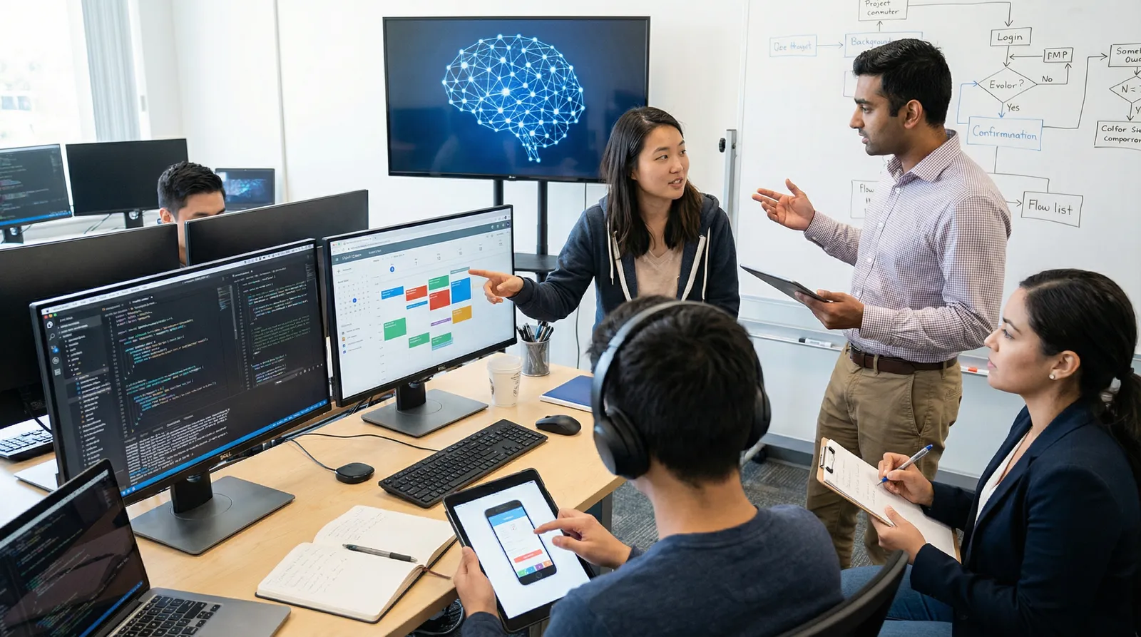 Das Bild zeigt ein modernes Büro oder einen Seminarraum, in dem ein Team von vier Personen intensiv an der Entwicklung einer App arbeitet. In der Mitte des Raumes befinden sich zwei große Monitore. Auf einem Bildschirm ist Code zu sehen, auf dem anderen ein digitaler Kalender mit farblich gekennzeichneten Zeitblöcken – vermutlich werden hier die von TaskMaster optimierten Pläne visualisiert.
Im Vordergrund sitzt eine Person mit Kopfhörern, die ein Tablet hält und mit einer Anwendung interagiert, während der Laptop daneben offen liegt und Notizen sichtbar sind. Dies deutet darauf hin, dass hier Usability-Tests oder eine Präsentation der App-Funktionalität stattfinden. Eine Frau rechts vorne notiert mit einem Klemmbrett aufmerksam neue Erkenntnisse, eventuell Feedback oder Testbeobachtungen.
Zentral sind zwei Teammitglieder im Gespräch: Eine Frau, die auf einen der Monitore zeigt und einen engagierten Ausdruck hat, diskutiert anscheinend ein technisches Detail oder einen Plan mit einem Mann, der ein Tablet in der Hand hält. Das deutet auf einen gemeinsamen Problemlösungsprozess hin.
Im Hintergrund ist ein großer Bildschirm mit einer stilisierten, leuchtenden Illustration eines neuronalen Netzwerks in Form eines Gehirns zu erkennen. Dies symbolisiert die KI-Komponente der TaskMaster-App. Rechts an der Wand befindet sich ein Whiteboard mit verschiedenen Flussdiagrammen, die die komplexen Abläufe und Entscheidungswege des Systems veranschaulichen.
Die Umgebung vermittelt einen dynamischen, kooperativen Arbeitsprozess, bei dem Aspekte wie Softwareentwicklung, Datenanalyse und Nutzerrückmeldung zusammenkommen. Das Bild spiegelt die Herausforderungen und die kollaborative Atmosphäre wider, die bei einem innovativen KI-Projekt wie TaskMaster typisch sind. Verschiedene Rollen wie Entwickler, Testende und Verantwortliche für Ethik und Nutzerfeedback sind sichtbar integriert.