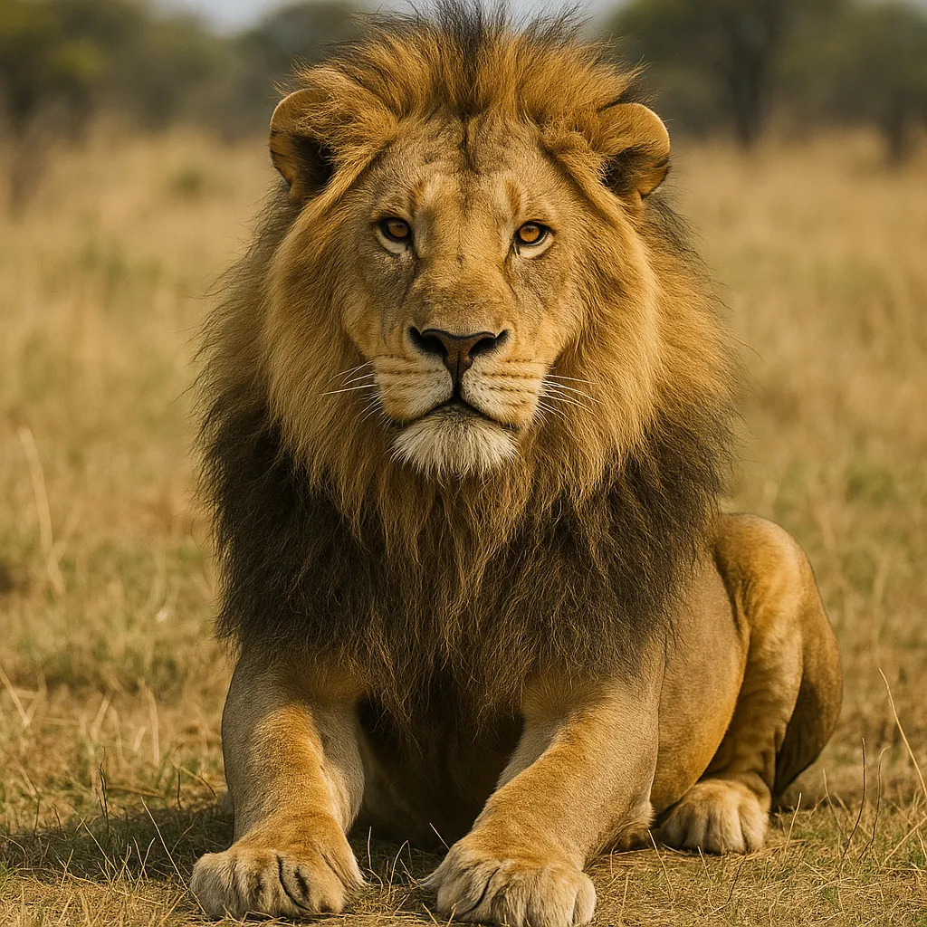 Auf dem Bild ist ein majestätischer Löwe zu sehen, der sehr realistisch dargestellt ist. Das prächtige Tier liegt auf dem trockenen, gelblichen Gras der afrikanischen Savanne. Der Löwe hat ein beeindruckendes, kräftiges Erscheinungsbild. Sein Fell ist golden und glänzt im Sonnenlicht. Besonders auffällig ist die dichte, dunkelbraune Mähne, die seinen Kopf umrahmt und ihm ein mächtiges Aussehen verleiht.
Die Augen des Löwen sind wachsam und aufmerksam, mit einer goldgelben, intensiven Färbung. Sein Gesicht zeigt Ruhe, Kraft und Würde. Die Schnauze ist breit, die Nase dunkel, und die Schnurrhaare sind klar zu erkennen. Die massiven Pranken liegen vor ihm auf dem Boden. Im Hintergrund sieht man unscharf die weite Savannenlandschaft mit vereinzelten Bäumen und Büsche.
Das Bild spiegelt perfekt die Eleganz und Stärke eines typischen männlichen Löwen wider, wie man ihn in der afrikanischen Wildnis antreffen kann.