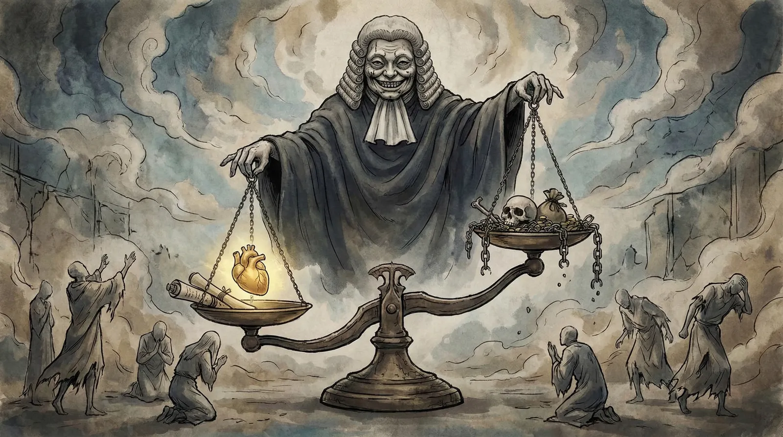 Das Bild zeigt eine eindrucksvolle und düstere Darstellung des Themas „Moral“, inspiriert durch die Figur „Judgemen“ aus Jujutsu Kaisen.

Im Mittelpunkt der Szenerie steht eine imposante, übernatürliche Gestalt mit einer traditionellen Richterperücke, die Judgemen darstellen soll. Sein Gesichtsausdruck wirkt streng und zugleich leicht bedrohlich. Der Hintergrund ist neblig und wolkenverhangen, was dem Bild eine mystische, fast göttliche Atmosphäre verleiht.

Judgemen hält in den ausgestreckten Armen eine große Waage. Auf der linken Seite der Waage befindet sich ein golden leuchtendes Herz, daneben eine Schriftrolle, die Tugend und Reinheit symbolisieren könnten. Diese Schale schwebt etwas höher. Auf der rechten Seite hingegen liegen ein Totenschädel, eine Kette und ein Sack voll Geld. Diese Dinge stehen sinnbildlich für Vergänglichkeit, Habgier und die negativen Konsequenzen unmoralischen Handelns.

Vor der Waage, im Vordergrund, knien und flehen mehrere menschliche Gestalten – zerrüttet, teilweise verzweifelt, einige mit erhobenen Armen oder betend. Sie scheinen das Urteil und die Entscheidung von Judgemen zu erwarten. Auf der rechten Seite wirken die Figuren betrübt oder scheinen ihre Taten zu bereuen, während auf der linken Seite eine flehende Geste vorherrscht.

Die gesamte Szene ist in sepiafarbenen, gedämpften Tönen gehalten, was die Schwere und Ernsthaftigkeit des Themas Moral verstärkt.

Das Bild vermittelt so auf kraftvolle Weise die Idee, dass jede menschliche Tat – symbolisiert durch Herz und Schädel, Tugend und Sünde – vor einer höheren moralischen Instanz gewogen und beurteilt wird. Es erinnert an alte Darstellungen des Jüngsten Gerichts, übersetzt jedoch in einen modernen, fast mythischen Anime-Stil.