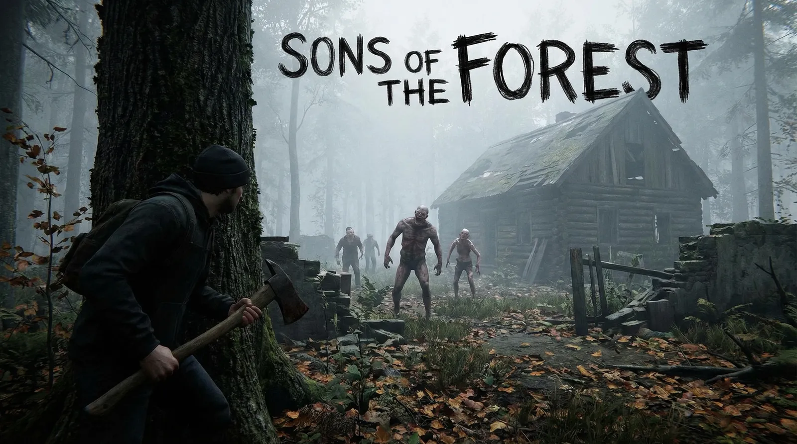 Das Bild zeigt eine düstere, bedrohliche Szene mitten im Wald, welche perfekt zur Atmosphäre des Spiels "Sons of the Forest" passt. Im Vordergrund sieht man einen Mann, der sich hinter einem Baum versteckt und eine Axt in der Hand hält. Er scheint vorsichtig und angespannt zu sein, während er eine alte, verfallene Holzhütte beobachtet. Das Laub am Boden, die moosbewachsenen Steine und die dichten, nebligen Bäume verstärken das Gefühl von Verlassenheit und Gefahr.
Im Zentrum des Bildes tauchen drei monströse Kreaturen auf, die offensichtlich gefährlich und mutiert sind. Sie bewegen sich bedrohlich auf die Hütte zu oder haben den Mann möglicherweise schon bemerkt. Die Hütte im Hintergrund wirkt wie ein letzter Zufluchtsort, ist aber genauso zerstört und verlassen wie der Rest der Umgebung.
Der Nebel, das matte Licht und die Farbpalette aus Grau-, Braun- und Grüntönen schaffen eine gruselige, angespannte Atmosphäre, die für das Survival-Horror-Genre typisch ist. Am oberen Bildrand steht groß und deutlich der Name des Spiels: „Sons of the Forest“. Dies unterstreicht noch einmal den Bezug zum Spiel und macht klar, dass es sich um eine spannende, gefährliche Überlebenssituation in einer grausamen Wildnis handelt.