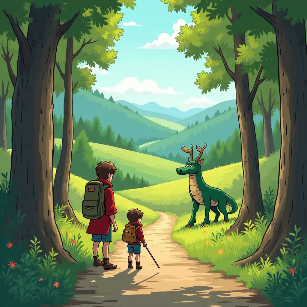 Auf dem Bild sieht man eine farbenfrohe Szenerie im comicartigen Kinderstil. Im Vordergrund des Bildes beginnt ein Weg, der sich im Hintergrund zwischen zwei Richtungen teilt. Links und rechts am Wegrand stehen hohe Bäume mit grünen Kronen. Das Licht der Morgensonne taucht die Szene in ein warmes, freundliches Licht, wodurch alles sehr lebendig und einladend wirkt. Der Waldboden ist mit grünem Moos und einigen kleinen, bunten Blumen bedeckt.
Im Zentrum steht ein Junge, vermutlich Jakobertus, mit braunen Haaren, einem roten Mantel und einem großen, grünen Rucksack auf dem Rücken. Er wirkt gespannt und etwas aufgeregt. Neben ihm steht ein kleiner Papagei, vermutlich Flappi, der auf einer seiner Schultern sitzt. Der Papagei ist bunt und hebt sich deutlich von der restlichen Szene ab.
Der Junge selbst hat einen hellen Hautton, während am rechten Bildrand, etwas abseits auf dem Weg, ein weiteres Kind mit dunklerer Hautfarbe steht – dies unterstützt die Diversität der Ethnien in der Szene. Beide Figuren schauen in Richtung der Weggabelung und wirken neugierig.
Im Hintergrund sieht man sanfte, grüne Hügel, über denen der blaue Himmel mit einigen weißen Wolken erscheint. Der Wald ist dicht und wirkt geheimnisvoll, als würde er viele unbekannte Abenteuer bergen.
Es sind keinerlei Wörter oder Buchstaben im Bild zu erkennen, der Fokus liegt ganz auf der kindlichen Abenteuerstimmung und der liebevollen Darstellung der Charaktere sowie des Waldes.