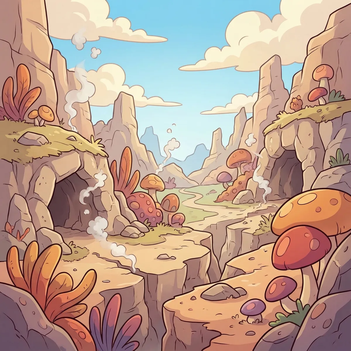 Das Bild zeigt eine leere Hintergrundszene, die in einem kindgerechten Comicstil illustriert ist. Es handelt sich um ein verborgenes Tal, das als Drachenversteck dient. Die Szenerie ist von steilen Felswänden mit mehreren Höhleneingängen geprägt, die in die Felsen eingelassen sind. Aus einigen der Höhlen steigt weißer Rauch in sanften Wölkchen auf, was auf eine warme, beinahe geheimnisvolle Atmosphäre hinweist.
Im Talboden sowie an den Berghängen wachsen große, knallbunte Pflanzen und auffällige Pilze in verschiedenen Orange- und Violetttönen, die die Landschaft lebendig und märchenhaft wirken lassen. Die Erde und das Gestein sind in warmen, sandigen Farben gehalten, und ein schmaler, windender Pfad führt tief ins Tal hinein, zwischen den Felsen hindurch. Am Horizont sieht man weitere Berge unter einem klaren, blauen Himmel mit wenigen fluffigen Wolken.
Die Szene wirkt freundlich und einladend, voller Abenteuer und Fantasie. Es sind keinerlei Figuren oder Lebewesen zu sehen, keine Menschen, Tiere, Drachen oder deren Schatten. Auch sind keine Schriftzüge, Schilder oder sonstige Objekte, die nicht zur natürlichen Umgebung gehören, im Bild vorhanden. Das Bild vermittelt eine magische, ruhige Stimmung und lässt Platz für die Vorstellungskraft der Kinder.