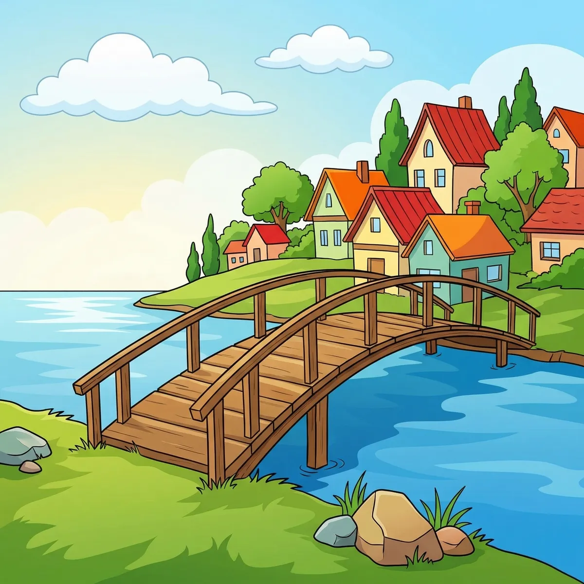 Das Bild zeigt eine idyllische, kindgerecht gezeichnete Landschaft in einem Comicstil. Im Mittelpunkt der Illustration befindet sich eine alte, hölzerne Brücke, die sich leicht gebogen über einen ruhigen, blauen Fluss spannt. Die Brücke wirkt stabil, aber durch das Holz bekommt sie einen leicht nostalgischen, altertümlichen Charakter, passend zur Beschreibung im Text.
Der Fluss fließt friedlich unter der Brücke hindurch und reflektiert den Himmel dezent. Am Ufer des Flusses wächst sattgrünes Gras, und einige große, rundliche Steine liegen im Vordergrund am Rand der Szene. Auf beiden Seiten des Flusses breitet sich die Natur mit sanften Hügeln aus, die den Bildmittelpunkt harmonisch umrahmen.
Im Hintergrund, auf der anderen Seite des Flusses, erstreckt sich ein kleines, einladendes Dorf. Die Häuser sind bunt gestaltet, mit Dächern in warmen Tönen wie Rot, Orange und Gelb, und besitzen einfache, klare Formen. Zwischen den Häusern stehen mehrere grüne Bäume und Büsche, die dem Dorf ein freundliches, lebendiges Aussehen verleihen. Hinter den Häusern ragen ein paar größere Laubbäume und Zypressen in den Himmel, was der Szene zusätzliche Tiefe und Gemütlichkeit verleiht.
Der Himmel ist hellblau und mit weißen, fluffigen Wolken verziert, was eine angenehme, freundliche Atmosphäre schafft. Es gibt keinerlei Figuren, Tiere, Schatten oder andere Hinweise auf Lebewesen in der gesamten Szene, was den gewünschten leeren, neutralen Hintergrund erzeugt. Das Bild wirkt dadurch ruhig und friedlich, optimal als Bühne für eine Kinderbuchgeschichte, in der Figuren eingefügt werden können.