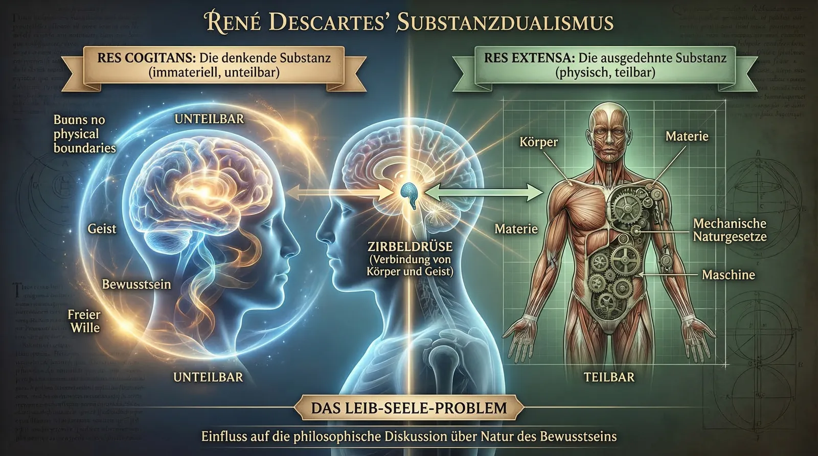 Das Bild veranschaulicht auf anschauliche Weise die Theorie des Substanzdualismus von René Descartes und greift dabei alle im Grundlagentext genannten Begriffe und Konzepte auf.

**Linke Bildhälfte – „Res cogitans“ (die denkende Substanz):**
Hier ist eine schematische Darstellung eines menschlichen Kopfes zu sehen, bei dem das Gehirn leuchtend hervorgehoben ist. Im Hintergrund sorgt eine diffuse Lichtaura für einen immateriellen, nicht-körperlichen Eindruck. Die Schlüsselwörter „Geist“, „Bewusstsein“ und „Freier Wille“ sind im Gehirnbereich abgebildet und lassen die klassischen Fähigkeiten der res cogitans erkennen. Das Wort „UNTEILBAR“ erscheint präsent, um auf die Unteilbarkeit und Immateriellität des Geistes hinzuweisen. Ein englischer Hinweis „Buans no physical boundaries“ verdeutlicht zusätzlich, dass diese Substanz keine physischen Grenzen kennt.

**Rechte Bildhälfte – „Res extensa“ (die ausgedehnte Substanz):**
Der menschliche Körper wird anatomisch und mechanistisch dargestellt: Ein Teil besteht aus Muskeln, ein anderer Teil ist transparent und zeigt Zahnräder und mechanische Komponenten, was die Maschinentheorie des Körpers symbolisiert. Begriffe wie „Körper“, „Materie“, „Maschine“ und „Mechanische Naturgesetze“ sind präsent. Die Ausdehnung und Teilbarkeit des Körpers wird mit „TEILBAR“ hervorgehoben. Auch das Rastermuster betont die physische, messbare Ausdehnung.

**Zentrale Verbindung – Zirbeldrüse:**
In der Bildmitte sind die Köpfe von Geist und Körper gespiegelt. Zwischen ihnen findet sich die Zentrierung auf die **Zirbeldrüse** – als leuchtender Knotenpunkt gekennzeichnet – mit der Beschriftung „Verbindung von Körper und Geist“. Hier laufen Pfeile zusammen und zeigen den Versuch, die Interaktion zwischen den beiden Substanzen zu erklären.

**Unterer Bildrand – Leib-Seele-Problem:**
Ein goldgerahmtes Banner mit der Aufschrift „Das Leib-Seele-Problem“ fasst zusammen, dass diese Theorie tiefgreifenden Einfluss auf die philosophische Diskussion über die Natur des Bewusstseins hat.

**Fazit:**
Das Bild stellt Descartes‘ Substanzdualismus übersichtlich und didaktisch dar, indem es die wichtigsten Begriffe des Textes exakt aufgreift und visualisiert: Die Trennung und gleichzeitig die Verbindung von Geist (res cogitans, unteilbar, immateriell) und Körper (res extensa, teilbar, materiell), die besondere Rolle der Zirbeldrüse als Verbindungsstelle sowie das zentrale philosophische Problem, das Leib-Seele-Problem.