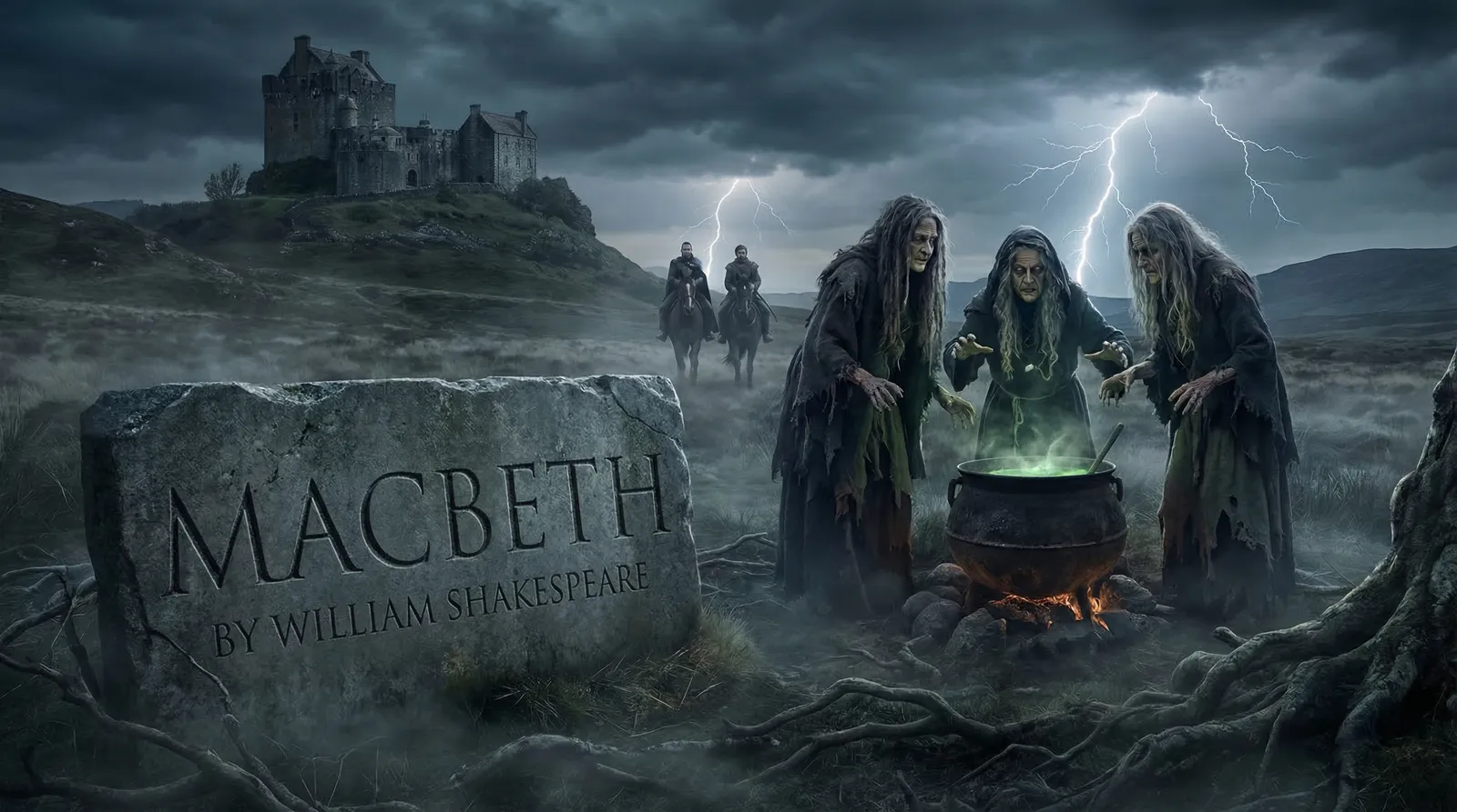 Das Bild stellt eine düstere, dramatische Szene aus Shakespeares berühmtem Werk „Macbeth“ dar. Im Vordergrund sieht man drei Hexen – Figuren, die in Shakespeares „Macbeth“ eine zentrale Rolle als Verkünderinnen des Schicksals einnehmen. Die Hexen, mit langen, zerzausten Haaren und abgetragener Kleidung, stehen um einen großen, rauchenden Kessel, aus dem grünliches Licht aufsteigt. Sie wirken unheimlich und geheimnisvoll, was Shakespeares Stimmung im Werk sehr gut einfängt.
Der Untergrund ist von Nebelschwaden überzogen, was die Atmosphäre noch mysteriöser macht. Im Hintergrund erkennt man eine alte, schottische Burg, die auf einem Hügel thront. Der Himmel ist von dunklen Sturmwolken überzogen und Blitze zucken über den Himmel. Im Mittelgrund nähern sich Reiter, vermutlich Macbeth und Banquo, wie in den ersten Szenen des Dramas beschrieben.
Im Vordergrund gibt es einen großen Grabstein oder eine Steintafel mit der Inschrift „MACBETH by William Shakespeare“. Dies erinnert direkt an den Urheber des Werks und hebt die Verbindung zur literarischen Vorlage hervor.
Die gesamte Bildkomposition spiegelt den unheilvollen und übernatürlichen Charakter von Shakespeares „Macbeth“ wider: Die Naturgewalten, das Übernatürliche durch die Hexen, und die düstere Atmosphäre der Tragödie treten klar hervor und lassen erkennen, dass es sich um eine Visualisierung der berühmten Shakespeare-Szene handelt.