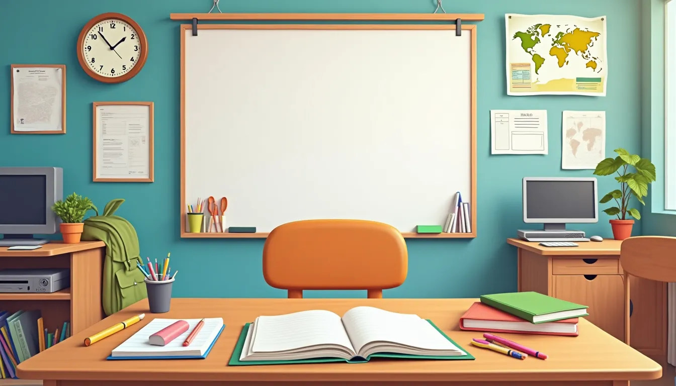 Das Bild zeigt ein helles, gut organisiertes Klassenzimmer einer Grundschule. Im Vordergrund steht ein großer Holztisch, auf dem mehrere Gegenstände ordentlich ausgebreitet sind: Ein aufgeschlagenes Buch, ein Notizbuch, ein Bleistift, ein Kugelschreiber, ein Radiergummi, ein Lineal, eine Schere, ein Stift (Marker), Klebstoff, bunte Wachsmalstifte (Crayons), Papier und ein Ordner. Links auf dem Tisch ist auch ein Becher mit weiteren Stiften zu sehen.
Direkt hinter dem Tisch steht ein orangefarbener Stuhl. Im Hintergrund dominiert eine große, weiße Tafel die Szene; davor stehen einige Marker und ein Tafelschwamm (Eraser) griffbereit. Links und rechts von der Tafel sind zwei Computertische mit modernen Monitoren, Tastaturen und Computermäusen zu erkennen. Auf dem linken Tisch steht außerdem ein grüner Rucksack und eine kleine Topfpflanze.
An der Wand hängen mehrere Gegenstände: Oben links eine große, runde Uhr, mittig über der Tafel ein paar Informationstafeln und rechts davon eine Weltkarte. Die Wand ist in einem angenehmen Blau gestrichen, was dem Raum eine freundliche Atmosphäre verleiht. Überall im Raum sind Bücher und einzelne Papierstapel verteilt.
Insgesamt wirkt das Klassenzimmer sehr ordentlich und bietet viele typische Lernmaterialien an, die im Grundschulalltag verwendet werden. Alles Wesentliche – vom Taschenrechner über das Notizbuch bis zum Klebstoff – ist übersichtlich angeordnet und gut sichtbar.