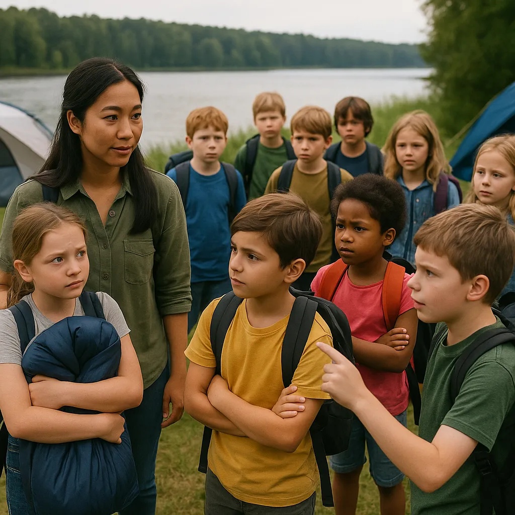 Auf diesem Bild sehen wir eine realistische Darstellung aus einem Zeltlager am See, passend zur beschriebenen Situation im Grundlagentext. Die Umgebung ist grün, im Hintergrund sieht man den ruhigen See und ein paar Zelte am Rand der Wiese. Die Szene zeigt eine Gruppe von Kindern im Alter von etwa 9 bis 12 Jahren mit ihren Rucksäcken und Schlafsäcken. Sie stehen dicht beisammen, teils etwas verloren, was auf ihren Gesichtern gut ablesbar ist.
Im Vordergrund steht eine der Fachkräfte, wahrscheinlich Frau Nguyen, die den Kindern einen ruhigen und vertrauensvollen Eindruck vermitteln möchte. Sie wirkt aufmerksam und liebevoll, bereit, den Kindern zuhören, ihnen Sicherheit zu geben und den Start ins gemeinsame Abenteuer zu erleichtern.
Leila, ein Mädchen mit blonden Haaren, klammert sich an ihren Schlafsack und sieht etwas unsicher und schüchtern aus, als würde sie sich am liebsten sofort zu jemandem Vertrauten setzen oder jemanden um Schutz bitten. Ihre Körperhaltung ist geschlossen, ihre Arme halten den Schlafsack ganz fest. Ein Junge, vermutlich Mateo, steht dicht bei der Fachkraft und sucht deren Nähe, um sich sicherer zu fühlen. Ein weiteres Kind, vermutlich Noah, schaut etwas skeptisch und unsicher zu einer anderen Gruppe, vielleicht überlegt er, ob er tatsächlich mit den anderen Kindern ein Zelt teilen möchte.
Die Kinder verteilen sich in kleinen Gruppen, Blicke und Körperhaltung zeigen Zurückhaltung, Unsicherheit und leichte Nervosität. Manche Kinder schauen zu Boden oder zu anderen Kindern, manche tuscheln leise miteinander. Insgesamt sieht man deutlich, dass sich die Gruppe noch in der Anfangsphase – der so genannten **Forming-Phase** – befindet. Die Kinder kennen sich kaum, es besteht eine gewisse Unsicherheit, wer welche Rolle einnehmen wird und wie sich der weitere Aufenthalt gestaltet.
Diese Szene veranschaulicht auf realistische Weise den Moment am ersten Nachmittag, wo die Gruppe noch nicht zusammengewachsen ist. Die Erwachsene im Bild sieht man in einer begleitenden, motivierenden Rolle – sie versucht, die Kinder zu ermutigen, sich zu öffnen und sich gegenseitig kennenzulernen. Die Zelte, der See und das grüne Ufer im Hintergrund runden das Bild des Ausflugsziels perfekt ab.
**Schlüsselmerkmale dieses Moments:**
- Anfangsunsicherheit und Zurückhaltung
- Suche nach Nähe zu Vertrauten (z.B. Erwachsene oder bekannte Kinder)
- leise Anspannung, wenig Kommunikation untereinander, geringe Gruppenbindung
- Körperlich geschlossene, unsichere Haltung
**Bedeutung:**
Diese Phase ist entscheidend, damit sich in den folgenden Tagen ein Gruppengefühl und gegenseitiges Vertrauen entwickeln können. Die begleitenden Fachkräfte spielen hier eine wichtige, unterstützende Rolle.