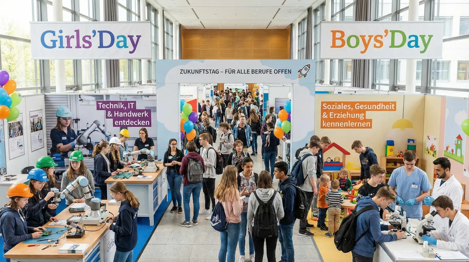 Das Bild zeigt sehr anschaulich eine Veranstaltung zum Thema „Girls’Day und Boys’Day – Zukunftstag für Mädchen und Jungen“. In einer großen, hellen Halle sind viele Stände aufgebaut, die die beiden Aktionstage repräsentieren.

Links befindet sich der Bereich des **Girls’Day**, der klar mit einem großen, lila-blauen Banner gekennzeichnet ist. Dort erkunden viele Mädchen Berufe aus Technik, IT und Handwerk. Sie tragen Schutzhelme und befassen sich an technischen Arbeitsstationen mit Werkbänken, Lötgeräten und Robotik-Armen. Auf einem Plakat steht „Technik, IT & Handwerk entdecken“. Der Hintergrund zeigt Bilder aus technischen Arbeitsfeldern. Es ist zu sehen, dass die Mädchen konzentriert und mit Interesse arbeiten, unterstützt von Betreuerinnen und Betreuern.

Rechts ist der Bereich **Boys’Day** mit einem großen, orange-grünen Banner. Hier werden die Jungen an soziale, gesundheitliche und pädagogische Berufe herangeführt. Sie beschäftigen sich zum Beispiel mit einem Mikroskop oder spielen mit kleinen Kindern in einer Kinderspielecke. Auf einem Plakat steht „Soziales, Gesundheit & Erziehung kennenlernen“. Einige Jungen tragen Arztkittel oder Pflegekleidung, was darauf hindeutet, dass sie medizinische oder pflegerische Aufgaben ausprobieren.

In der Mitte des Bildes, unter einem Banner mit der Aufschrift „Zukunftstag – Für alle Berufe offen“ und einer kleinen Rakete, sieht man viele Jugendliche, die sich austauschen, informieren oder die Stände wechseln. Bunte Luftballons schmücken die Szene, wodurch die Veranstaltung einen freundlichen und einladenden Charakter bekommt.

Das Bild transportiert sehr gut die Botschaft des Zukunftstags: Jungen und Mädchen werden ermutigt, Berufe zu entdecken, in denen ihr jeweiliges Geschlecht noch unterrepräsentiert ist. Gleichzeitig lädt die Atmosphäre dazu ein, Neues auszuprobieren und eigene Talente und Interessen zu erkunden. Das Ziel, Klischees aufzubrechen und neue Perspektiven zu eröffnen, wird hier optisch hervorragend dargestellt.