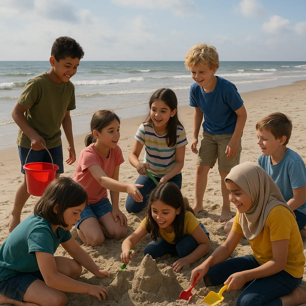 Auf dem Bild sieht man eine Gruppe von acht Kindern am Strand, vermutlich in Dänemark, wie es im Grundlagentext beschrieben ist. Die Kinder sitzen und knien um eine große Sandburg, die sie gemeinsam bauen. Zwei Mädchen vorn benutzen kleine Schaufeln, um den Sand zu formen. Eines der Mädchen trägt ein gelbes T-Shirt und ein beigefarbenes Kopftuch, was auf die kulturelle Vielfalt in der Gruppe hinweist.

Ein Junge im grünen T-Shirt hält einen roten Eimer, bereit, Wasser zu bringen. Die Kinder wirken vergnügt und lachen, sie rufen und zeigen auf verschiedene Stellen der Sandburg. Die Szene vermittelt Freude, Zusammenhalt und Teamarbeit – viele Kinder arbeiten zusammen, einige geben Tipps, andere motivieren sich gegenseitig.

Im Hintergrund sieht man das Meer mit sanften Wellen und einen weiten, leeren Sandstrand, der das Gefühl von Freiheit und Ferien verstärkt. Der Himmel ist leicht bewölkt, die Sonne scheint milde, was zur entspannten Ferienstimmung beiträgt.

Diese Szene passt exakt zur Situation aus dem Text, in der die Kinder nach den anfänglichen Unsicherheiten anfangen, sich gegenseitig zu unterstützen und ein Team zu werden – hier konkret beim gemeinsamen Bauen einer Sandburg. Erste Rücksichtnahme und Kooperation werden deutlich sichtbar: eines der Kinder holt Wasser, während andere aufpassen, dass die Burg nicht kaputtgeht. Kinder reichen sich die Schaufeln und helfen einander, die gemeinsame Aufgabe zu bewältigen.

Die Körpersprache ist offen und freundlich, die Kinder wirken entspannt und zugewandt zueinander – ein deutlicher Kontrast zur angespannten Stimmung zu Beginn der Freizeit. Das Bild illustriert somit beispielhaft die Phase der „Norming“-Entwicklung nach Tuckman, in der die Gruppe anfängt, richtig zusammenzuarbeiten, Aufgaben zu übernehmen und gegenseitig Rücksicht zu nehmen.