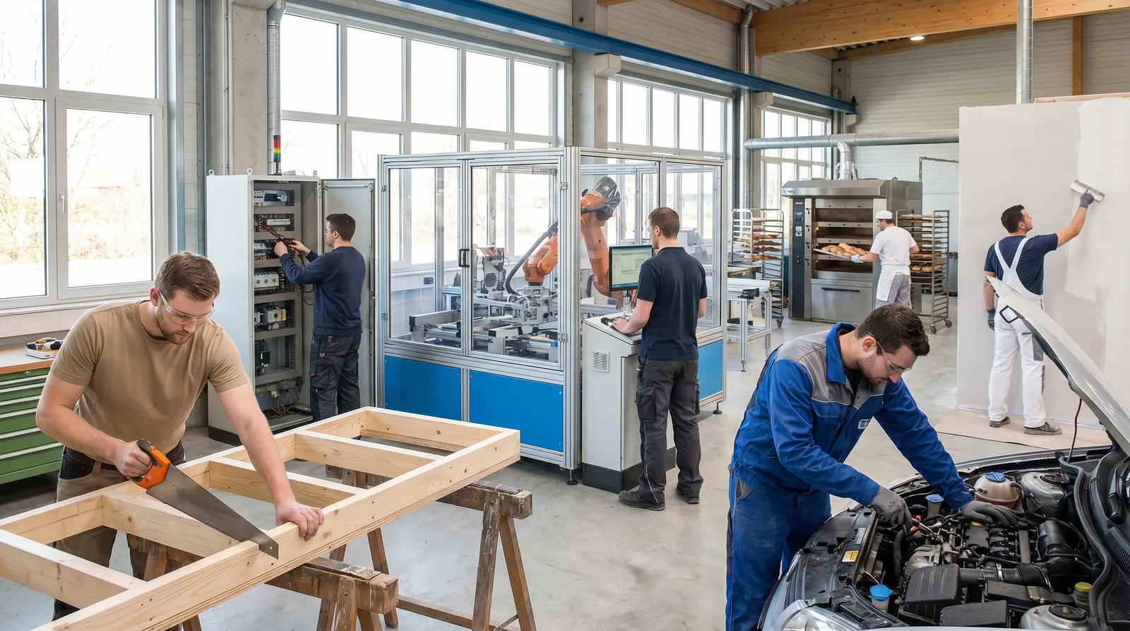 Das Bild zeigt eine helle, moderne Werkhalle, in der verschiedene handwerkliche und produktive Berufe gleichzeitig ausgeübt werden. Es handelt sich um eine Art Collage oder Inszenierung, um die Vielfalt im Berufsfeld **Handwerk & Produktion** aufzuzeigen.

**Vordergrund (links):**  
Ein Mann sägt mit einer Handsäge einen Holzbalken auf einer Werkbank. Er trägt eine Schutzbrille und arbeitet konzentriert – dies steht exemplarisch für den Beruf des Tischlers.

**Vordergrund (rechts):**  
Hier arbeitet ein Kfz-Mechatroniker an einem offenen Auto. Er trägt einen blauen Arbeitsanzug und Handschuhe und scheint an den komplizierten Teilen des Motors zu arbeiten.

**Mitte (links):**  
Ein Elektriker arbeitet an einem offenen Schaltschrank. Er benutzt Spezialwerkzeug, um Kabel zu prüfen oder zu installieren.  
 
**Mitte (zentral):**  
Ein Bediener steuert eine große Produktionsmaschine mit Industrieroboter durch ein Computerterminal – typisch für den Beruf des Maschinen- und Anlagenführers oder eine Arbeit in der Industrieproduktion mit moderner Technik.

**Hintergrund (rechts):**  
Rechts im Hintergrund backt ein Bäcker frisches Brot und Brötchen in einem großen Ofen. Daneben streicht ein Maler eine Wand weiß – er arbeitet mit einer Farbrolle und trägt typische weiße Arbeitskleidung.

**Beschreibung und Bezug zum Text:**  
Das Bild zeigt typische Situationen aus den im Ausgangstext genannten Berufen: Tischler, Elektriker, Kfz-Mechatroniker, Maler, Bäcker und Maschinenführer. Es veranschaulicht die Vielfalt des Berufsfeldes, betont praktisches Arbeiten mit den Händen, den Umgang mit Maschinen und Technik sowie körperliche Tätigkeiten. Die Szene unterstreicht auch Teamarbeit, Sicherheit (Schutzbrillen/Arbeitskleidung) und den Stolz auf sichtbare Arbeitsergebnisse – wie fertige Möbel, reparierte Autos, frisches Brot und sauber gestrichene Wände. 

Gleichzeitig wird auf die Herausforderungen hingewiesen: körperliche Arbeit, Hantieren mit Werkzeugen und Technik, und die Notwendigkeit von Präzision und Zuverlässigkeit. Durch das helle, freundliche Ambiente und die moderne Ausstattung wirkt die Arbeit zugleich attraktiv und zukunftsorientiert.