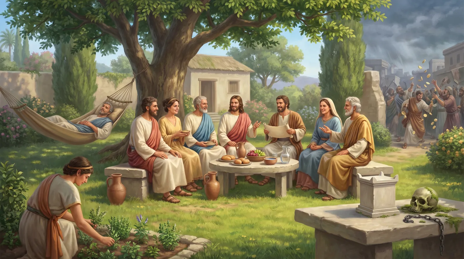 Das Bild stellt auf eindrucksvolle Weise die epikureische Theorie des gelungenen Lebens dar. Im Vordergrund sitzt eine Gruppe von Menschen in entspannter Atmosphäre in einem sonnigen Garten unter einem großen, schattenspendenden Baum. Sie sind in freundschaftliche Gespräche vertieft, lachen und wirken gelassen. Einfache Speisen wie Brot, Wein und Früchte stehen auf dem Tisch, wodurch auf die natürlichen und notwendigen Bedürfnisse nach Nahrung und Gemeinschaft hingewiesen wird. Niemand wirkt gehetzt oder gierig, die Stimmung ist ruhig und von gegenseitigem Respekt geprägt.

Links im Bild pflückt eine Person Kräuter aus einem kleinen Garten – ein Symbol für Selbstversorgung und Zufriedenheit mit einfachen, natürlichen Freuden. Dahinter liegt eine Person entspannt in einer Hängematte, die als Symbol für die Abwesenheit von Schmerz und für innere Ruhe (Aponia und Ataraxia) stehen kann.

Im Hintergrund ist eine deutliche Gegenüberstellung zu sehen: Dort toben Menschen im Streit um Geld und Reichtum, dargestellt durch herabfallende Münzen und hektische Bewegungen. Diese Szene steht sinnbildlich für die Begierden, die „weder natürlich noch notwendig“ sind (Ruhm, Macht, Status) und durch Streit, Angst und Unzufriedenheit charakterisiert werden.

Vorne rechts liegt auf einem Altar ein Totenschädel mit einer zerbrochenen Kette – dies verweist auf Epikurs Überwindung der Todesfurcht: Tod bedeutet kein Leiden, Angst davor ist unbegründet. Die aufgehobene Kette steht für Befreiung von dieser Angst.

Der gesamte Garten wirkt paradiesisch und abgeschieden, abseits der Unruhe der Außenwelt. Die dargestellte Szenerie repräsentiert die zentralen Motive der epikureischen Philosophie: Maß, Selbstbeschränkung, verlässliche Freundschaft, innere Ruhe und Freiheit von Angst. Besitzerstolz, Eitelkeiten und gesellschaftlicher Wettkampf bleiben draußen, während das einfache, freudvolle und gelassene Leben im Mittelpunkt steht.