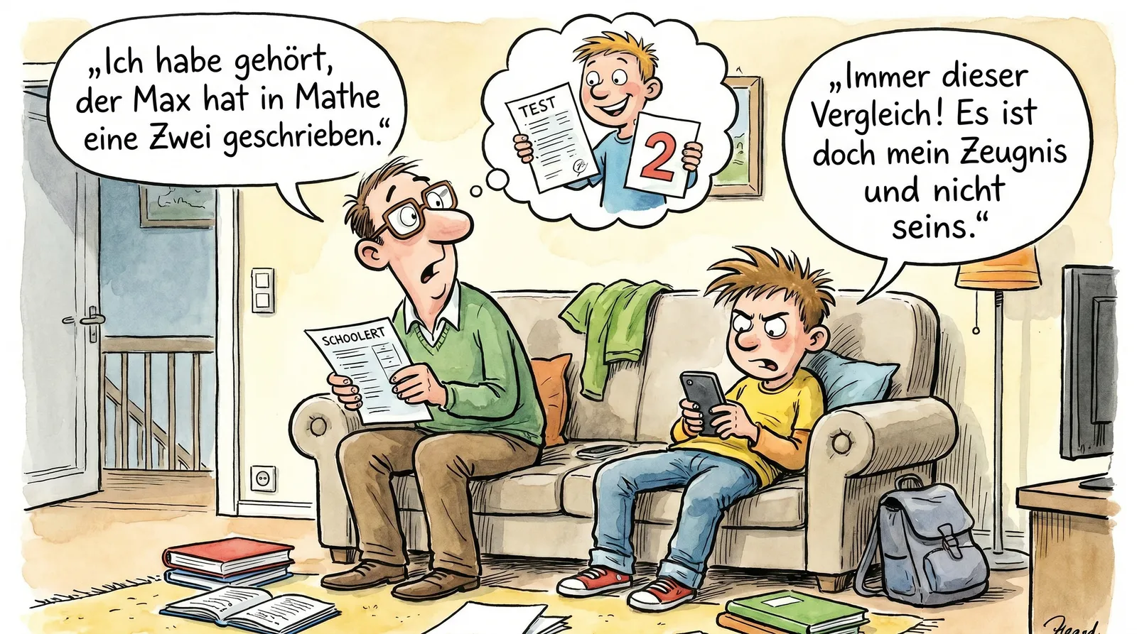 Das Bild zeigt eine Karikatur, die das Fallbeispiel sehr treffend und detailgetreu darstellt. 

**Szenerie:**
Wir befinden uns in einem Wohnzimmer. Links sitzt der Vater auf einem Sessel. Er trägt eine Brille, einen grünen Pullover und braune Hosen. In der Hand hält er das Zeugnis seines Sohnes Leon (beschriftet mit "Schulzeugnis"). Vor ihm liegen auf dem Boden einige aufgeschlagene Schulbücher und Hefte, was die schulische Situation betont.

**Gedankenblase:**
Über dem Kopf des Vaters sieht man eine große Gedanken- oder Sprechblase. Darin denkt oder sagt der Vater: „Ich habe gehört, der Max hat in Mathe eine Zwei geschrieben.“ In der Blase sieht man auch eine kleine Zeichnung eines anderen Jungen (spürbar als "Max"), der glücklich seinen Mathe-Test und eine große, rote „2“ präsentiert.

**Leon:**
Rechts sitzt der Sohn Leon auf dem Sofa, mit wütend-verärgertem Gesichtsausdruck. Er trägt ein gelbes T-Shirt und blaue Jeans. Er hält ein Handy in der Hand und schaut missmutig nach oben zum Vater, unterbricht dabei offensichtlich das Spielen am Handy. Hinter ihm liegt eine Schultasche auf dem Boden, was auf seinen Schülerstatus hinweist.

**Sprechblase von Leon:**
Leon sagt genervt und schroff: „Immer dieser Vergleich! Es ist doch mein Zeugnis und nicht seins.“

**Weitere Details:**
Hinter dem Vater ist eine Zimmertür halb geöffnet, man erkennt eine Treppe im Hintergrund. Auf dem Sofa liegt eine Jacke oder ein Pullover, es gibt einen Fernseher und eine Stehlampe, was die Atmosphäre eines typischen Wohnzimmers unterstreicht.

**Zusammenfassung:**
Die Karikatur bringt den Vergleichsdruck vieler Schüler auf den Punkt: Der Vater misst die Leistungen des Sohnes indirekt am (guten) Ergebnis eines anderen Kindes (Max), was zu Frust und Widerstand beim eigenen Sohn führt. Die Mimik der Figuren, die Gedankensprechblasen und die Details der Umgebung illustrieren das Fallbeispiel nahezu eins zu eins – authentisch, überspitzt und mit viel Ausdruckskraft.