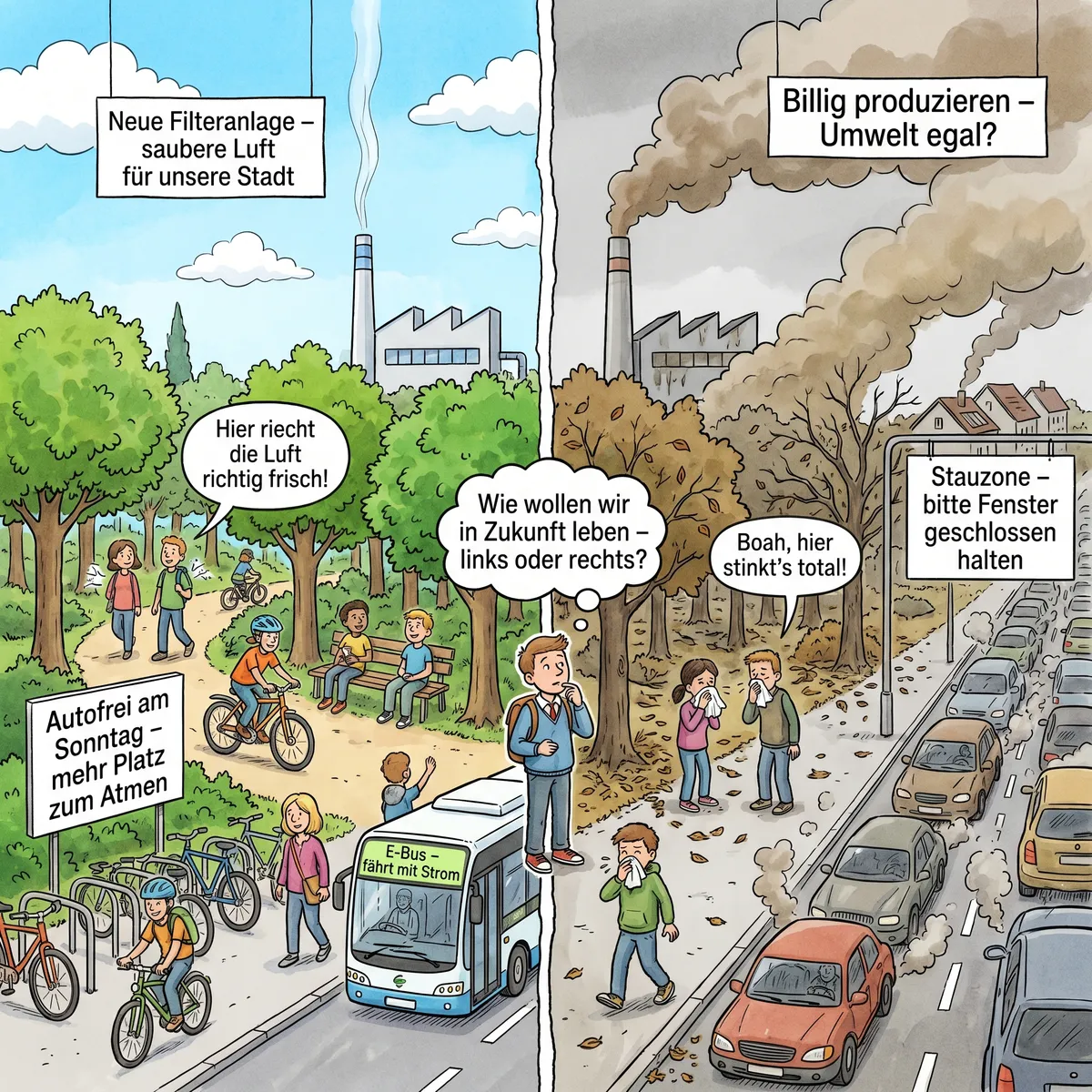 Die Karikatur zeigt eine geteilte Stadtlandschaft, die eindrucksvoll den Unterschied zwischen sauberer Luft und Luftverschmutzung verdeutlicht.

**Linke Seite – „Saubere Seite“:**
Hier ist die Szene lebendig, freundlich und grün. Wir sehen einen Stadtwald mit vielen grünen, gesunden Bäumen. Kinder und Jugendliche bewegen sich zwanglos – einige fahren Fahrrad, andere gehen spazieren oder sitzen auf einer Bank, um sich zu unterhalten. Der Himmel ist blau und klar mit ein paar weißen Wolken. Im Hintergrund steht eine kleine, moderne Industrieanlage, aus deren Schornstein nur ein dünnes, fast durchsichtiges Wölkchen aufsteigt. Ein Schild daran verkündet: „Neue Filteranlage – saubere Luft für unsere Stadt“.

Die Menschen auf dieser Seite atmen erleichtert auf – die Sprechblase eines Kindes: „Hier riecht die Luft richtig frisch!“. Am Waldrand steht ein Schild: „Autofrei am Sonntag – mehr Platz zum Atmen“. Ein Fahrradständer ist gut gefüllt, und ein Elektro-Bus mit der Aufschrift „E-Bus – fährt mit Strom“ fährt ruhig vorbei. Man merkt: Hier steht Lebensqualität und Umweltbewusstsein im Vordergrund.

**Rechte Seite – „Schmutzige Seite“:**
Hier ist die Atmosphäre das krasse Gegenteil: Alles wirkt grau, trist und belastet. Die Bäume sind krank – viele Blätter sind braun, einige Äste kahl und auf dem Boden liegen ungewöhnlich viele abgefallene Blätter. Zwischen den Bäumen stehen Kinder und Jugendliche, aber ihre Stimmung ist gedrückt. Viele halten sich Tücher vor den Mund, husten oder wirken sichtlich unwohl. Eine Sprechblase drückt es direkt aus: „Boah, hier stinkt’s total!“.

Im Hintergrund sieht man die gleiche Industrieanlage, aber sie stößt jetzt dicke, braun-graue Rauchwolken aus. Ein großes Plakat fragt provokant: „Billig produzieren – Umwelt egal?“. Die Straße am Waldrand ist voll mit staubelasteten Autos – aus ihren Auspuffen kommen Abgase. Ein Schild über der Straße mahnt: „Stauzone – bitte Fenster geschlossen halten“. Alles macht deutlich: Hier haben Umweltverschmutzung und schlechte Entscheidungen die Lebensqualität massiv eingeschränkt.

**Mitte der Karikatur:**
Auf der Trennlinie steht ein Schüler bzw. eine Schülerin mit fragendem Gesichtsausdruck. In einer großen Denkblase steht: „Wie wollen wir in Zukunft leben – links oder rechts?“ Dieses Bild symbolisiert eine Entscheidungssituation: Umwelt- und Lebensqualität hängen von unseren gesellschaftlichen und politischen Entscheidungen ab.

**Gesamtaussage:**
Die Karikatur kontrastiert eindrucksvoll die Auswirkungen von Umweltfreundlichkeit und Umweltbelastung im gleichen Stadtbild. Sie lädt zum Nachdenken ein: Unsere Zukunftsqualität liegt in unseren Entscheidungen – wollen wir eine lebenswerte, saubere oder eine belastete und gesundheitsschädliche Stadt? Nur mit nachhaltigen Maßnahmen und Bewusstseinswandel lässt sich die linke Seite verwirklichen.
