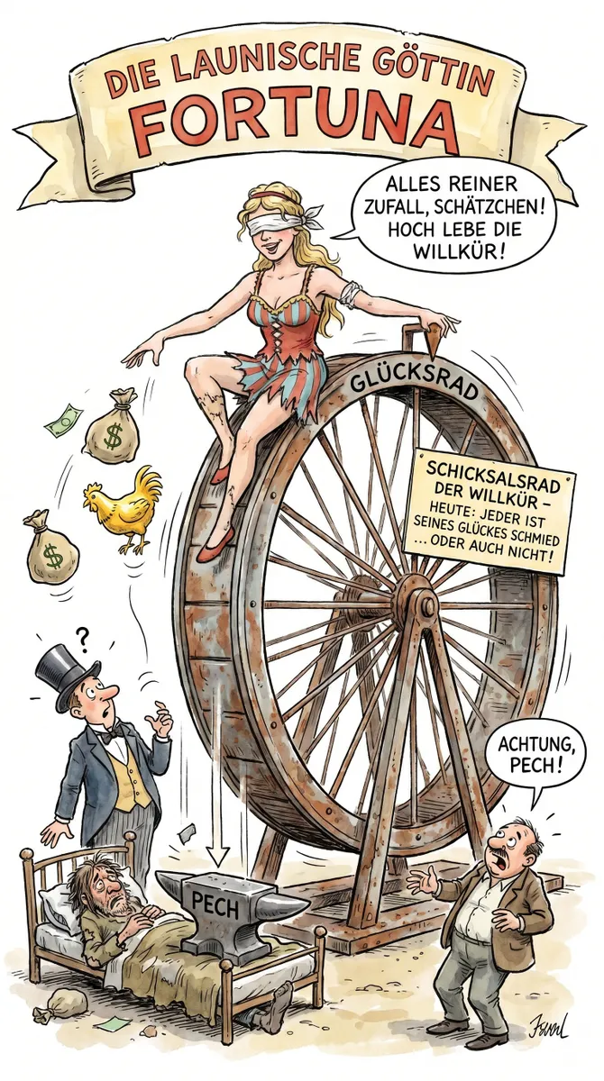 Das Bild ist eine Karikatur, die sich mit der philosophischen Theorie des Glücks beschäftigt, insbesondere mit der antiken Glücksgöttin „Fortuna“. Es handelt sich um eine humorvolle, aber auch nachdenkliche Darstellung des Zufalls und der Willkür im Leben.

**Detaillierte Beschreibung der Karikatur:**

1. **Überschrift:**  
   Am oberen Rand des Bildes prangt ein großes Spruchband:  
   „DIE LAUNISCHE GÖTTIN FORTUNA“.  
   Dies verdeutlicht, dass Fortuna als unberechenbare, unvorhersehbare Kraft dargestellt wird.

2. **Fortuna:**  
   Im Mittelpunkt sitzt eine junge Frau mit verbundenen Augen auf einem großen Rad, dem „Glücksrad“. Ihre Kleidung ist abenteuerlich und sie lächelt verschmitzt. Die Augenbinde symbolisiert, dass sie Glück und Unglück nach dem Zufallsprinzip verteilt und dabei nicht sieht, wen es trifft – also absolute Willkür.

3. **Sprechblase von Fortuna:**  
   Sie sagt:  
   „Alles reiner Zufall, Schätzchen! Hoch lebe die Willkür!“  
   Das unterstreicht, dass niemand einen Einfluss auf die Entscheidungen von Fortuna hat.

4. **Das Glücksrad:**  
   Das große Rad ist mit dem Schild „Glücksrad“ markiert. Am Rad befindet sich ein weiteres Schild:  
   „Schicksalsrad der Willkür – Heute: Jeder ist seines Glückes Schmied … oder auch nicht!“  
   Dieses Schild parodiert den bekannten Spruch, dass jeder sein Glück selbst gestalten kann, zeigt aber gleichzeitig die zynische Realität der Willkür.

5. **Unterschiedliche „Glücksempfänger“:**  
   - Links wird ein Mann mit Zylinder und fragendem Gesichtsausdruck von herabfallendem Geld, einem Geldsack und einem goldenen Huhn beglückt – ihm scheint Fortuna hold.
   - Rechts unten gibt es einen Mann, der erschrocken ruft: „Achtung, Pech!“. Er warnt vor dem Unglück.

6. **Das große Pech:**  
   Im unteren Bereich liegt ein verwahrloster Mann im Bett. Über ihm schwebt ein schwerer Amboss mit der Aufschrift „PECH“, der auf ihn herunterzufallen droht.  
   Dies illustriert auf drastische Weise, wie schicksalhaftes, willkürliches Unglück Menschen treffen kann.

**Philosophische Deutung:**  
Die Karikatur stellt satirisch das Weltbild der Fortuna dar: Sie entscheidet zufällig und ungerecht, wer Glück und wer Pech hat. Somit ist das Glück nicht ausschließlich eine Frage der eigenen Bemühungen („Jeder ist seines Glückes Schmied“), sondern auch oft reiner Zufall. Der Willkür des Schicksalrads kann sich niemand entziehen; Glück und Unglück treffen Menschen unabhängig von Verdienst oder Anstrengung.

**Sprachliche Besonderheiten:**  
Der Text auf dem Bild ist komplett auf Deutsch, enthält umgangssprachliche Redewendungen („Schätzchen“) und spielt humorvoll mit philosophischen Weisheiten, um die Absurdität der Glücksverteilung herauszustellen.

**Fazit:**  
Das Bild ist eine ironische, aber tiefgründige Illustration zum Thema Glück, Zufall und Schicksal aus philosophischer Sicht, basierend auf dem antiken Konzept der Fortuna.