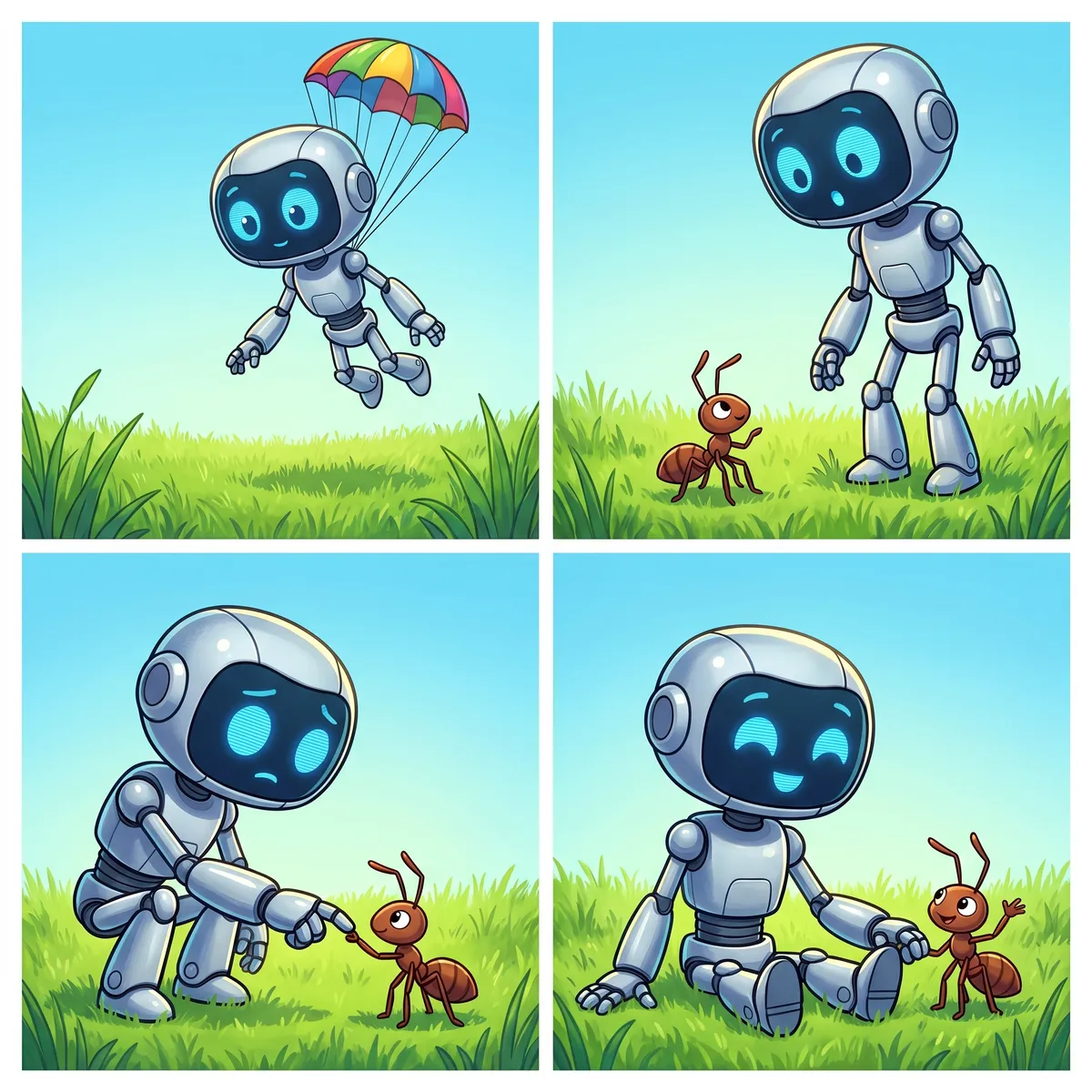 Hier sind die vier Bilder detailliert beschrieben:

**Bild 1**  
Ein kleiner Roboter schwebt mit einem bunten Fallschirm langsam vom Himmel herab. Er hat einen silbernen, glänzenden Körper, runde blaue Augen und wirkt neugierig. Um ihn herum ist eine grüne Wiese, der Himmel ist hellblau und freundlich.

**Bild 2**  
Der Roboter steht nun auf der Wiese und schaut nach unten. Direkt vor seinen Füßen steht eine kleine Ameise. Die Ameise schaut den Roboter an. Beide scheinen sich neugierig zu betrachten.

**Bild 3**  
Der Roboter hockt sich hin und streckt vorsichtig seinen Finger zu der Ameise aus. Die Ameise hebt ein Bein und berührt damit den Finger des Roboters. Beide wirken konzentriert und freundlich.

**Bild 4**  
Der Roboter sitzt jetzt entspannt im Gras. Neben ihm sitzt die Ameise. Beide sehen glücklich aus. Der Roboter lächelt, und die Ameise hat die Fühler freundlich ausgestreckt. Man sieht, dass sie Freunde geworden sind.

---

## Kurzgeschichte für 9-Jährige

### 1. Titel:  
**Ein Roboter und die kleine Ameise**

### 2. Hauptfiguren:  
Die Hauptfigur ist ein kleiner Roboter namens *Miko*. Die Ameise heißt *Aisha*.

### 3. Ort und Zeit:  
Die Geschichte spielt an einem warmen Frühlingstag auf einer grünen Wiese.

### 4. Das Problem:  
Miko, der Roboter, kennt niemanden auf der Erde. Er ist gerade erst gelandet und fühlt sich ein wenig allein. Er weiß nicht, wie er Freunde finden kann.

### 5. Mikos Gefühle beim Problem:  
Miko fühlt sich unsicher und ein bisschen traurig. Er ist neugierig, aber hat auch Angst, dass niemand mit ihm sprechen will.

### 6. Was passiert danach?  
Miko entdeckt Aisha, die Ameise. Er traut sich, vorsichtig seinen Finger auszustrecken. Aisha ist mutig und berührt den Roboter. Beide merken, dass sie freundlich zueinander sind und lachen.

### 7. Ende der Geschichte:  
Miko und Aisha setzen sich zusammen ins Gras. Sie werden Freunde und verbringen den Tag miteinander. Jetzt ist Miko nicht mehr allein und sehr glücklich.

---

**So endet die Geschichte:**  
Miko hat gelernt, dass Freundschaft überall entstehen kann – selbst zwischen einem Roboter und einer Ameise.