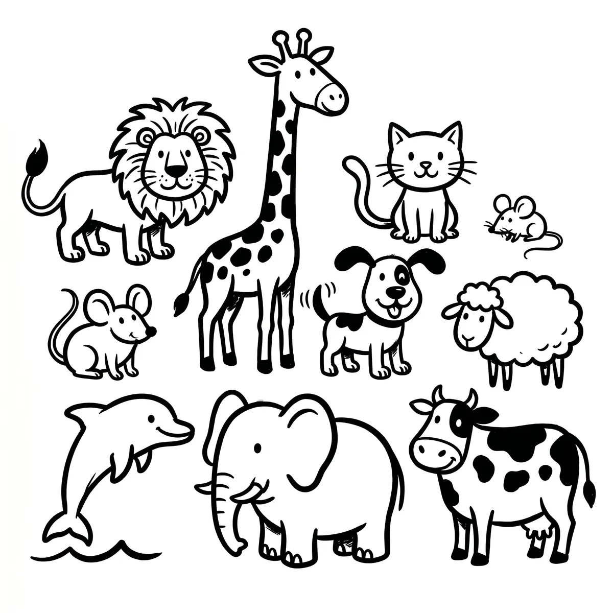 Auf dem Bild sieht man eine spielerische, schwarz-weiße Cartoon-Zeichnung mit genau neun verschiedenen Tieren, die jeweils nur einmal dargestellt sind. Die Tiere sind klar und mit einfachen, breiten Linien gezeichnet, ohne übermäßige Details, sodass sie freundlich und leicht erkennbar wirken.

1. **Löwe:** Der Löwe befindet sich links oben. Er hat eine große, buschige Mähne, einen freundlichen Gesichtsausdruck und einen Schwanz mit einer Quaste am Ende.
2. **Giraffe:** Die Giraffe steht zentral im oberen Bereich des Bildes und ist durch ihren langen Hals und die Flecken auf dem Körper gut zu erkennen. Ihr Gesicht wirkt sympathisch, und ihre Beine sind auffallend lang.
3. **Katze:** Die Katze sitzt rechts neben der Giraffe und sieht verspielt aus. Sie hat spitze Ohren, einen geschwungenen Schwanz und Schnurrhaare.
4. **Maus:** Die Maus befindet sich rechts oben neben der Katze. Sie ist klein, mit großen Ohren, einer spitzen Nase und einem dünnen Schwanz.
5. **Hund:** Der Hund steht zentral zwischen den anderen Tieren. Er hat ein fröhliches Gesicht, große Ohren und einen gewellten Schwanz.
6. **Schaf:** Das Schaf ist rechts neben dem Hund. Es wirkt flauschig mit einer lockigen Wolle und hat ein liebes Gesicht und relativ kurze Beine.
7. **Delfin:** Unten links sieht man den Delfin, der aus dem Wasser springt. Er hat eine klare, gebogene Körperform, eine Flosse und einen fröhlichen Gesichtsausdruck.
8. **Elefant:** Der Elefant steht unten in der Mitte. Er hat einen kräftigen Körper, große Ohren, einen langen Rüssel und Stoßzähne.
9. **Kuh:** Die Kuh befindet sich rechts unten. Sie hat typische Flecken, ein freundliches Gesicht, Hörner und einen Schwanz.

Jedes Tier ist in voller Körperansicht zu sehen, mit korrekten Körperproportionen für eine Cartoon-Zeichnung. Die Darstellung ist absolut spielerisch und freundlich und wirkt einladend für Kinder und Erwachsene gleichermaßen. Das Bild verwendet ausschließlich Schwarzweiß-Töne, was dem Ganzen einen klaren, aber dennoch sehr lebendigen Eindruck verleiht.