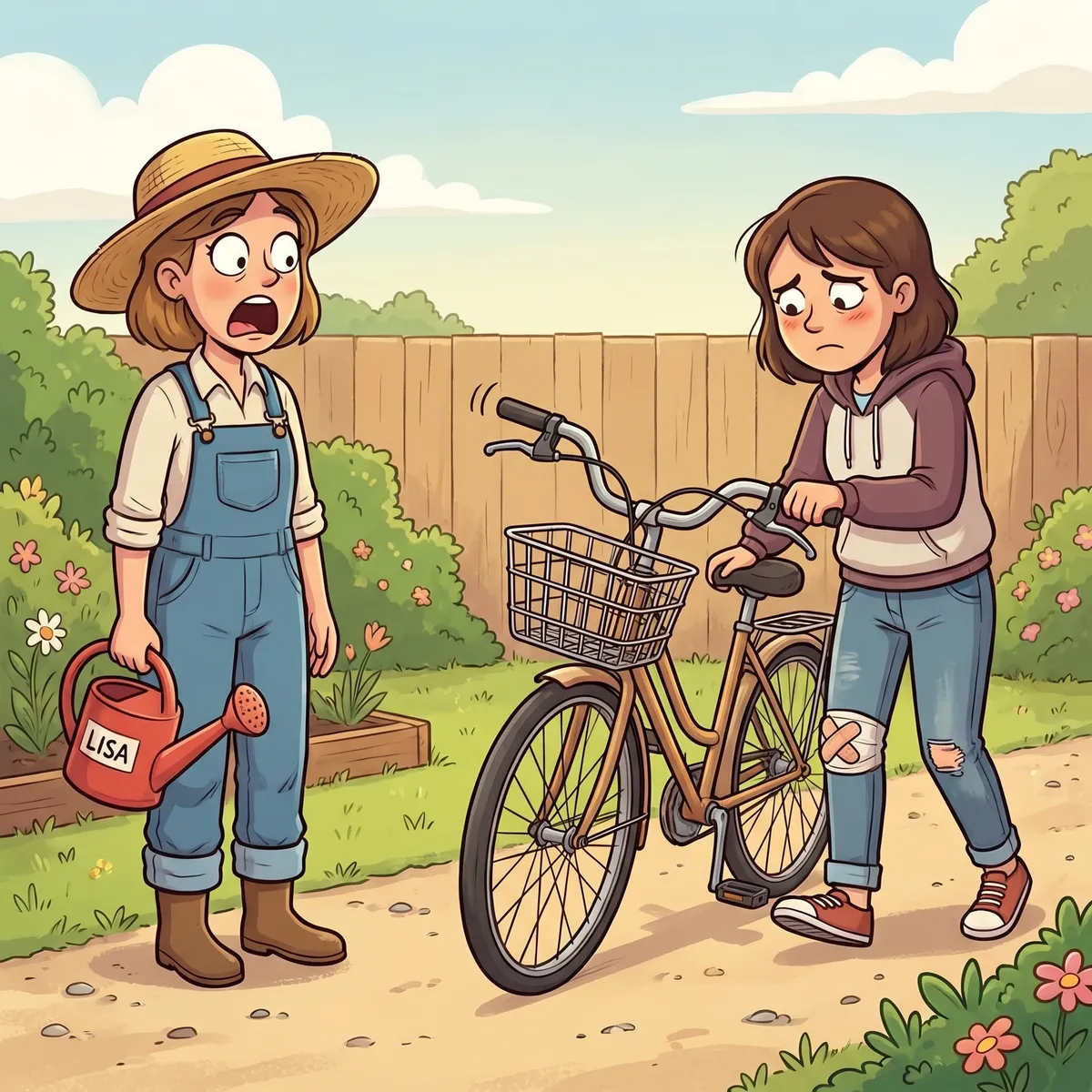 Das Bild zeigt eine farbige, leicht überzeichnete Karikatur, die exakt das beschriebene Szenario darstellt:

Links im Bild steht Lisa im Garten, umgeben von Blumen, Sträuchern und einem Holzzaun. Sie trägt Gartenarbeitskleidung: einen Strohhut, Latzhose, hochgekrempelte Ärmel und Stiefel. In ihrer Hand hält sie eine rote Gießkanne, auf der „Lisa“ steht. Lisa hat mitten in der Bewegung innegehalten; ihr Mund steht weit offen, die Augen sind vor Schreck weit aufgerissen. Ihr Blick fixiert sich starr und ungläubig auf das beschädigte Fahrrad.

Von rechts kommt Lisas Freundin langsam den Gartenweg entlang. Sie schiebt ein deutlich beschädigtes Fahrrad vor sich her. Die Lenkstange des Fahrrads ist extrem nach einer Seite verbogen, der vordere Metallkorb ist sichtbar eingedrückt und verbogen, ein Bremshebel hängt lose herunter. Die Freundin wirkt sehr zerknirscht und schaut schuldbewusst zu Boden. Ihre Körperhaltung ist verunsichert, Schultern nach vorne gezogen, Kopf geneigt. An ihrem rechten Knie ist ein Pflaster zu sehen; rundherum ist die Jeans aufgeschürft und zeigt Wunden oder Kratzer.

Zwischen Lisa und ihrer Freundin klafft ein auffälliger Abstand, der zusätzlich durch das Fahrrad, das wie eine Barriere zwischen ihnen steht, betont wird. Die Szene wird durch den farbenfrohen Gartenhintergrund, verspielte Blumen und das warme Tageslicht ergänzt. Die Mimik der beiden Figuren ist karikaturistisch überzogen und transportiert die jeweilige Gefühlslage: Schock und Ungläubigkeit bei Lisa, Reue und Schuldbewusstsein bei ihrer Freundin.

Das Bild folgt dem Szenario sehr präzise und vermittelt auf humorvolle, aber ausdrucksstarke Art die Situation direkt nach dem Missgeschick mit dem geliehenen Fahrrad.