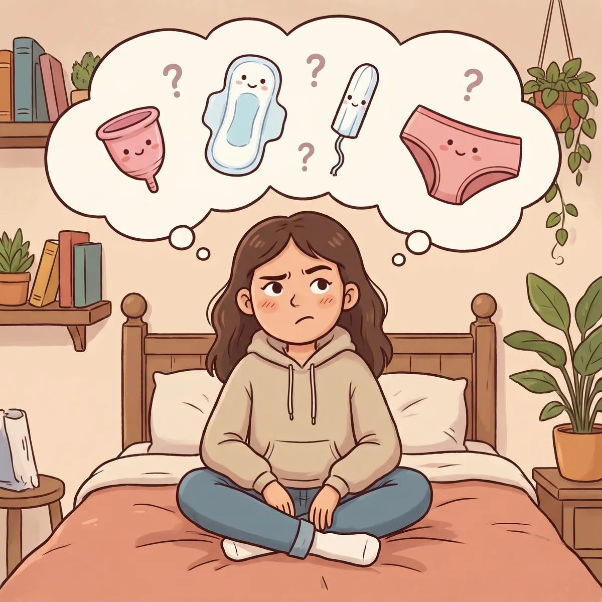 Auf dem Bild sieht man ein animiertes Mädchen, das auf einem Bett sitzt. Sie hat lange braune Haare und trägt einen beigen Hoodie sowie eine blaue Jeans. Die Stimmung des Mädchens wirkt nachdenklich oder besorgt, was sich auch in ihrem Gesichtsausdruck widerspiegelt: Sie schaut leicht zur Seite, die Stirn in Falten gelegt, die Augenbrauen nach unten gezogen und die Lippen geschlossen.

Über ihrem Kopf befindet sich eine große Gedankenblase. In dieser sind vier verschiedene Periodenprodukte abgebildet, die jeweils mit einem freundlichen, lächelnden Gesicht illustriert sind. Von links nach rechts sieht man eine Menstruationstasse, eine Binde, einen Tampon und Menstruationsunterwäsche. Zwischen diesen Produkten stehen jeweils Fragezeichen, die zeigen, dass das Mädchen sich noch unsicher ist, welches Produkt für sie das richtige ist.

Das Zimmer ist mit mehreren Pflanzen, Büchern und dezenten Möbeln dekoriert, was eine gemütliche und private Atmosphäre schafft. Alles wirkt sauber, ordentlich und freundlich gestaltet, typisch für ein jugendliches Zimmer. Das Bild ist insgesamt jugendfrei, konzentriert sich auf das Thema Menstruationsprodukte und bringt die Unsicherheit und Überlegung des Mädchens auf verständliche und sympathische Weise zum Ausdruck.