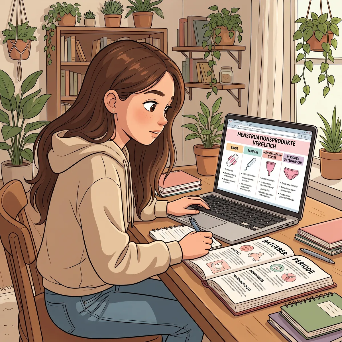 Auf dem Bild sieht man ein animiertes Mädchen, das eindeutig dasselbe wie im ersten Bild ist: Sie hat lange braune Haare, trägt einen beigen Hoodie und eine blaue Jeans. Das Mädchen sitzt an einem Schreibtisch in einem gemütlichen, freundlich eingerichteten Zimmer mit vielen grünen Pflanzen, Bücherregalen und dezenter Deko, was eine wohnliche und private Atmosphäre schafft.

Das Mädchen wirkt konzentriert und interessiert, während sie am Schreibtisch sitzt. Vor ihr auf dem Tisch liegen aufgeschlagene Bücher und Notizhefte. In den Büchern sind anschauliche Illustrationen von Menstruationsprodukten wie Binde, Tampon, Menstruationstasse und Periodenunterwäsche zu sehen. Zudem ist auf ihrem Laptop klar und bunt gestaltet eine Vergleichsseite zu Menstruationsprodukten offen, auf der die vier Produkte grafisch dargestellt und übersichtlich inhaltlich (ohne zu viel Text) zum Vergleich nebeneinandergestellt werden: „Binde“, „Tampon“, „Menstruationstasse“, „Periodenunterwäsche“. Die wichtigen Aspekte sind mit Icons und wenigen Schlagwörtern visualisiert, sodass man direkt erkennt, wie sie sich unterscheiden.

Auf dem Tisch gibt es außerdem Notizblöcke, Schreibmaterial und weitere Bücher, die zeigen, dass das Mädchen sich aktiv Wissen aneignet, recherchiert und sich Notizen macht. Sie scheint gerade etwas aus dem Buch in ihr Heft zu übertragen, während sie gleichzeitig auf den Bildschirm schaut. Ihr Gesichtsausdruck ist aufmerksam und leicht nachdenklich, aber nicht mehr so besorgt wie im ersten Bild – sie wirkt eher interessiert und wissbegierig.

Die Gesamtstimmung des Bildes ist freundlich, ordentlich und ruhig. Das Bild stellt klar dar, dass sich das Mädchen verantwortungsvoll und aufgeschlossen über Menstruationsprodukte informiert und verschiedene Informationsquellen nutzt, um die für sie beste Wahl zu treffen. Durch die Animation und die kindgerechte Gestaltung sowie die reduzierte Textmenge bleibt die Szene jugendfrei, verständlich und sympathisch.