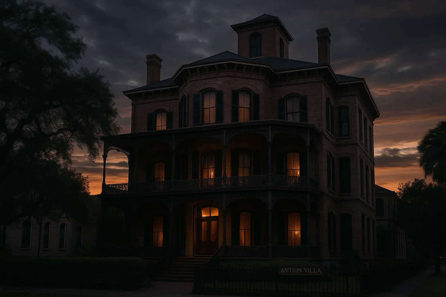 The Old House at Dusk
An exterior view of a large historic house in fading evening light. Use it as the visual setting for the fictional escape-room story.

--- Image Analysis ---
1. **Data & Statistics**:
   - None present.

2. **Text Content**:
   - "ASITION VILLA" (written on a small sign near the front entrance on the right side).

3. **Visual Structure**:
   - An exterior photograph/illustration of a large, multi-story historic brick mansion (villa) at dusk or twilight.
   - The sky behind the house features dramatic, dark storm-like clouds with a warm, orange-red sunset glow along the horizon.
   - The building has classic architectural features: a wraparound porch with intricate railings on the ground and second floors, arched windows with shutters, multiple chimneys, and a small cupola or tower on the roof.
   - Several windows and the front double doors emit a warm, glowing yellow-orange light from the interior.
   - The scene is framed by dark silhouettes of trees on the left and right, and a fence runs along the front property line.

4. **Key Takeaways**:
   - The image depicts a grand historic villa named "Asition Villa" during twilight.
   - The warm lighting from the windows contrasts sharply with the dark, moody exterior and ominous sunset sky, creating an atmospheric or suspenseful mood.