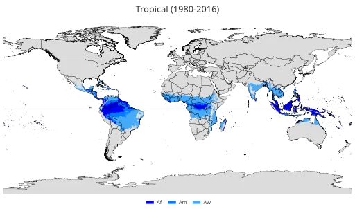 Regionen mit tropischem Klima nach Köppen und Geiger: ﻿Tropisches Regenwaldklima (Af) ﻿Tropisches Monsunklima (Am) ﻿Tropisches Savannenklima (Aw)