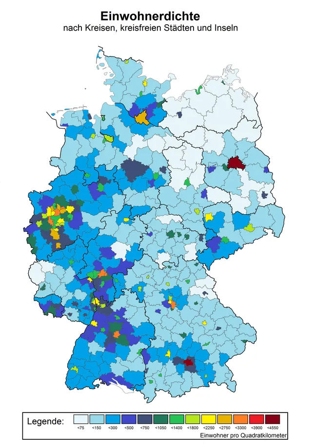 Karte der Bevölkerungsdichte auf Ebene der Landkreise und kreisfreien Städte, der Städte Bremen und Bremerhaven sowie der Inseln in Nord- und Ostsee, in Deutschland im Jahr 2018