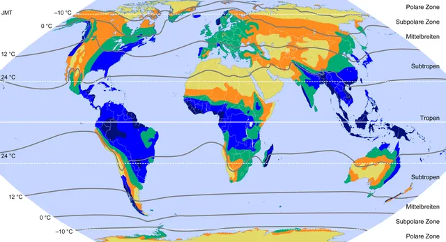 Klimazonen nach Siegmund & Frankenberg (Grenzen nach Jahresmitteltemperaturen = JMT), sowie die globale Verteilung der jährlichen Niederschlagssummen; fünf Bereiche mit vegetationskundlichem Bezug:﻿< 250 mm (Wüsten und Halbwüsten)﻿250–500 mm (Boreale Wälder, Steppen u. Savannen)﻿500–1000 mm (Laubwerfende Wälder)﻿1000–2000 mm (Hartlaubige Feuchtwälder)﻿> 2000 mm (Regenwälder)Grundlage für eine grobe effektive Klimaklassifikation