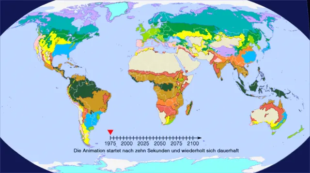 Animation: Prognostizierte Verschiebung der Klimazonen nach dem Worst-Case-Szenario des IPCC, beruhend auf den Klimazonen der effektiven Klimaklassifikation nach Köppen und Geiger. Legende und Erläuterungen siehe Folgen der globalen Erwärmung.