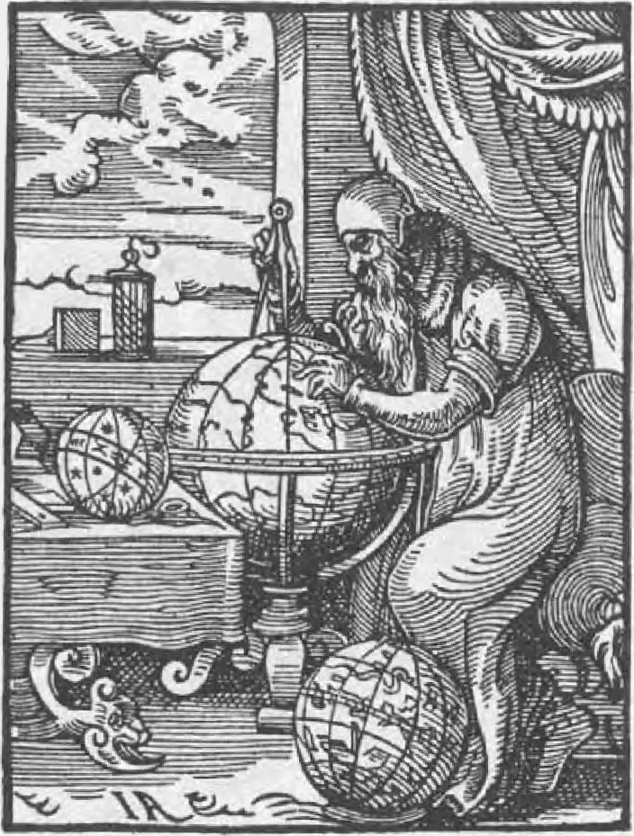 Der Astronomus (1568) von Jost Amman, wahrscheinlich den Nürnberger Arzt, Humanisten und Astronomen Melchior Ayrer darstellend.