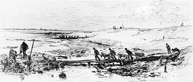 Deichbau in früher Zeit, Zeichnung von Gustav Schönleber um 1875