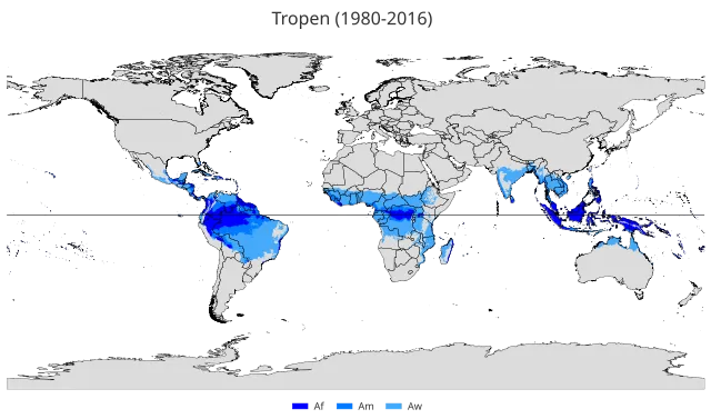 Regionen mit tropischem Klima nach Köppen und Geiger:﻿Tropisches Regenwaldklima (Af)﻿Tropisches Monsunklima (Am)﻿Tropisches Savannenklima (Aw)