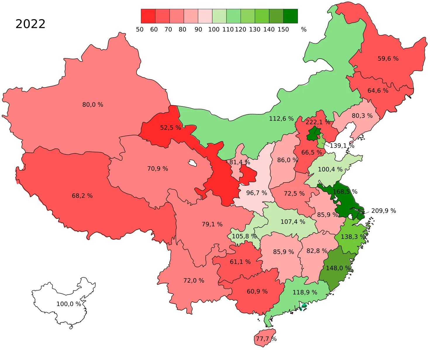Bruttoinlandsprodukt pro Kopf der Bevölkerung in Prozent des nationalen Durchschnitts 2022, Grüntöne = über dem Landesdurchschnitt, Rottöne = darunter